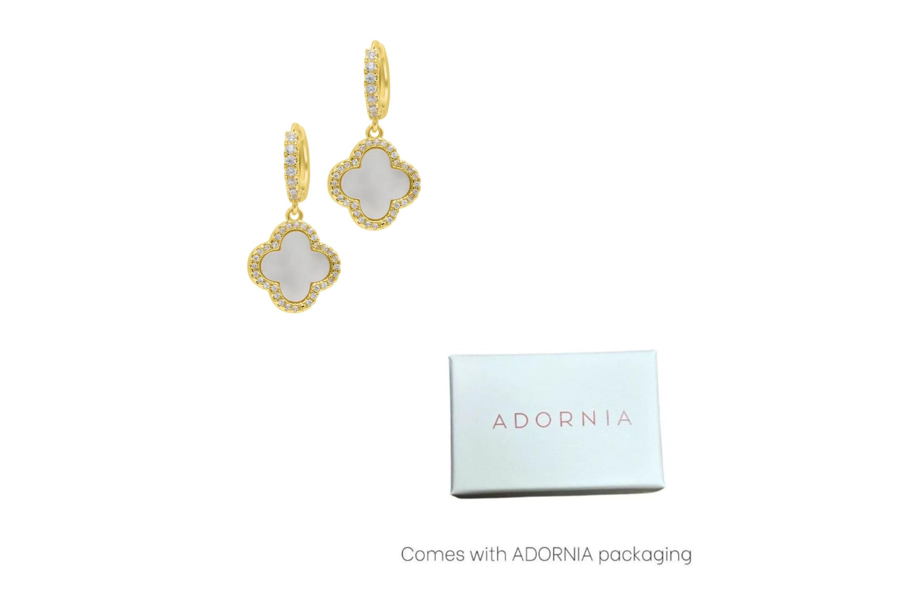 14k Gold Plated Crystal Halo White Mother of Pearl Clover Dangle Huggie Earrings