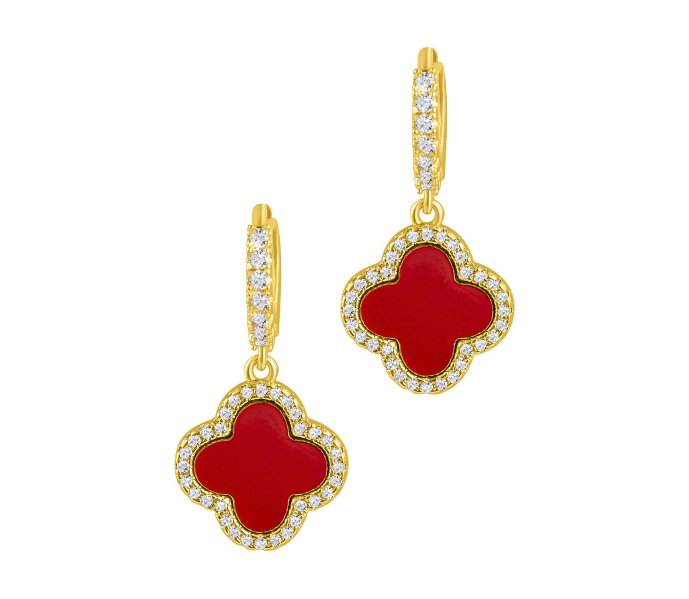 14k Gold Plated Crystal Halo Orange Clover Dangle Huggie Earrings