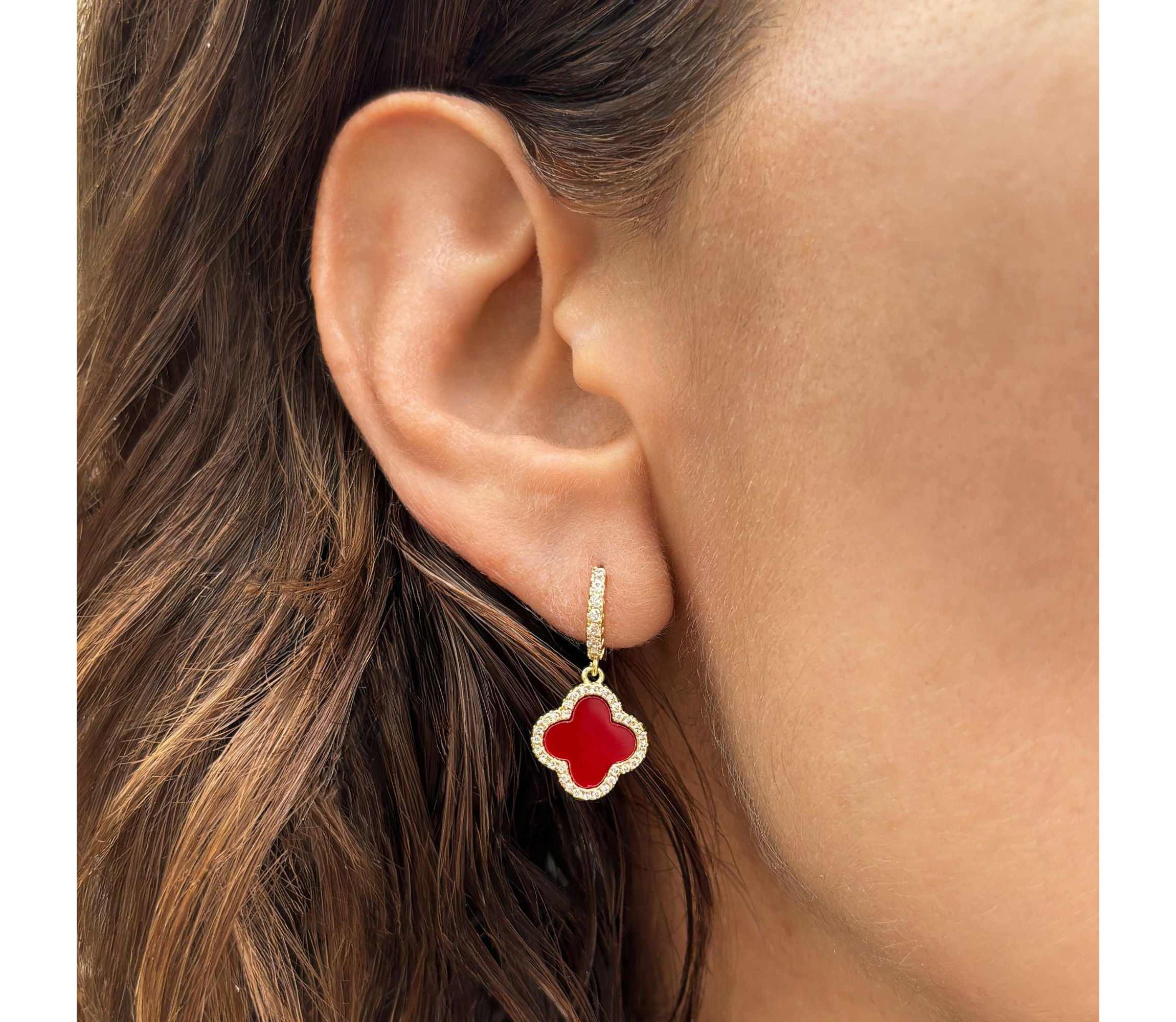 14k Gold Plated Crystal Halo Orange Clover Dangle Huggie Earrings