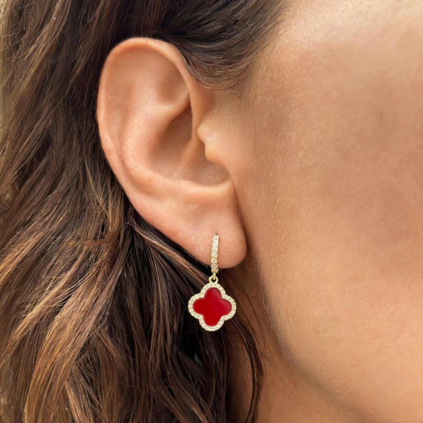 14k Gold Plated Crystal Halo Orange Clover Dangle Huggie Earrings