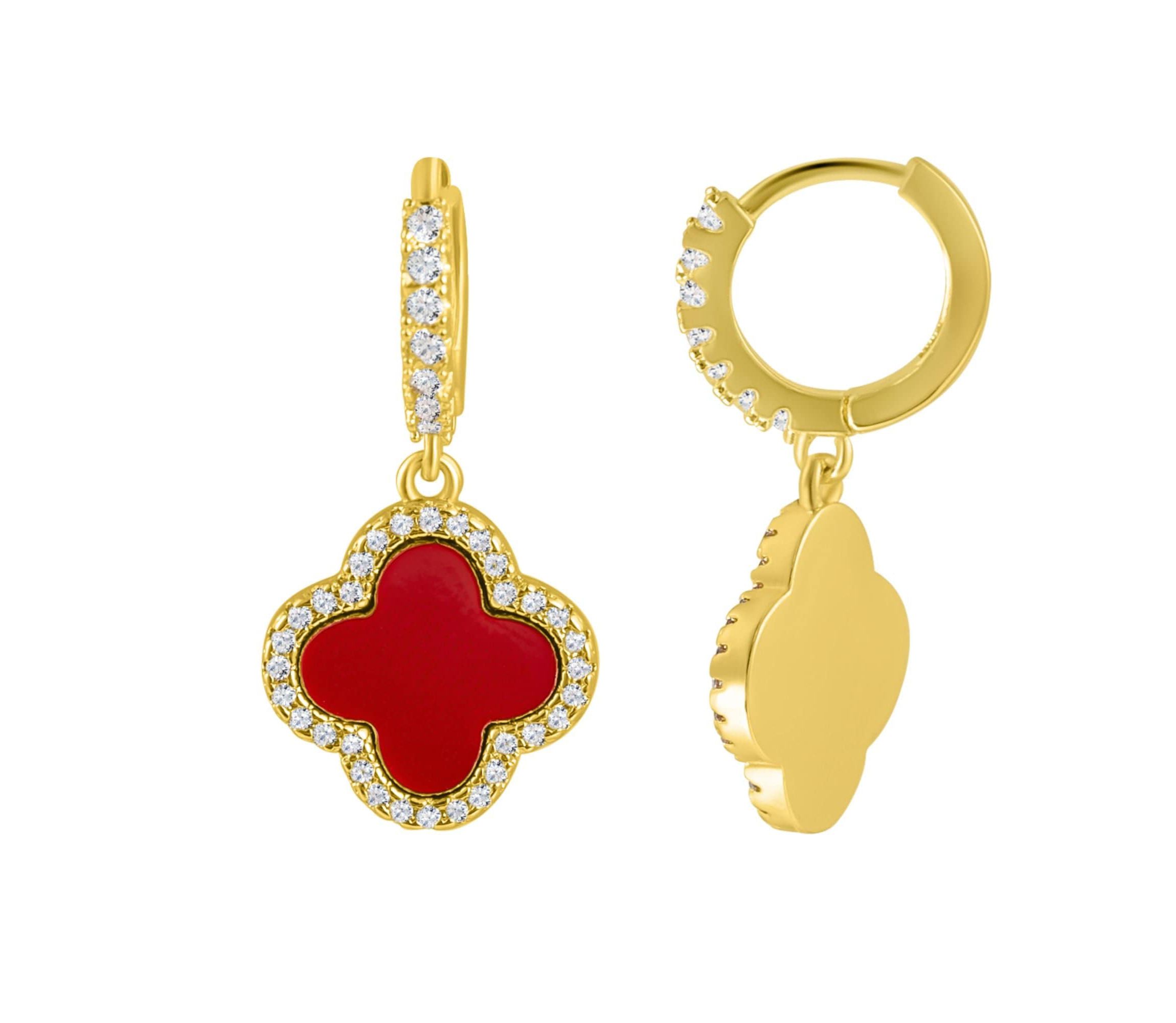 14k Gold Plated Crystal Halo Orange Clover Dangle Huggie Earrings
