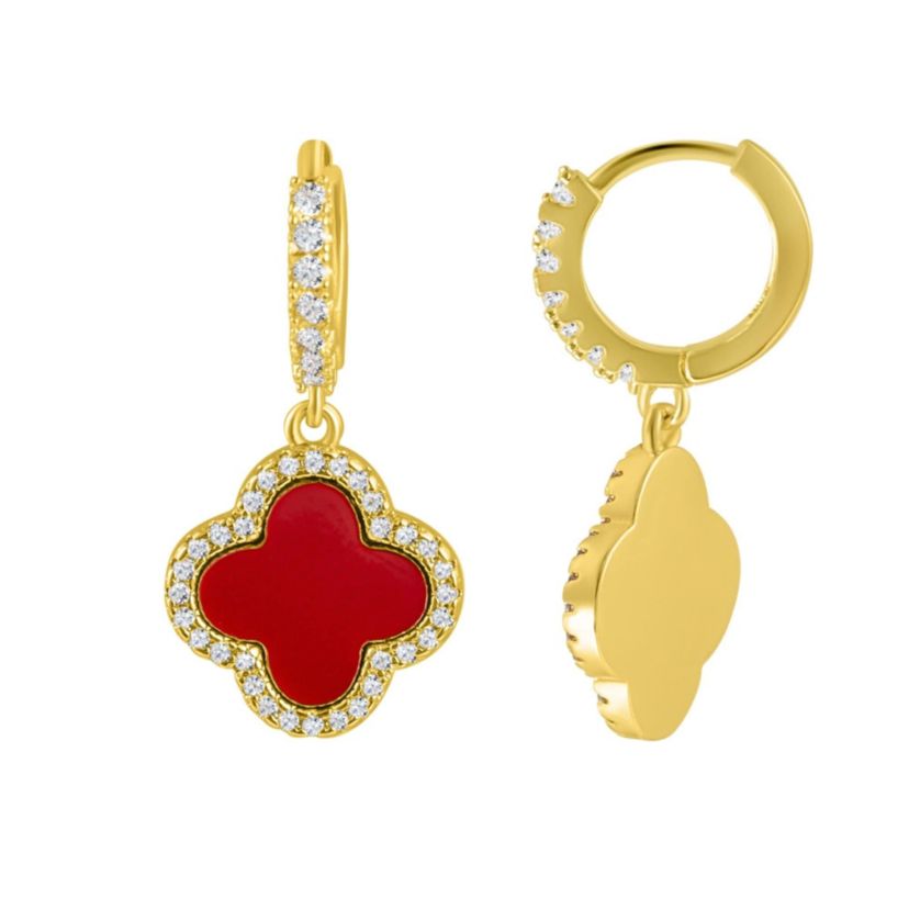 14k Gold Plated Crystal Halo Orange Clover Dangle Huggie Earrings