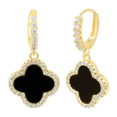 Adornia 14k Gold Plated Crystal Halo Black Clover Dangle Huggie Earrings