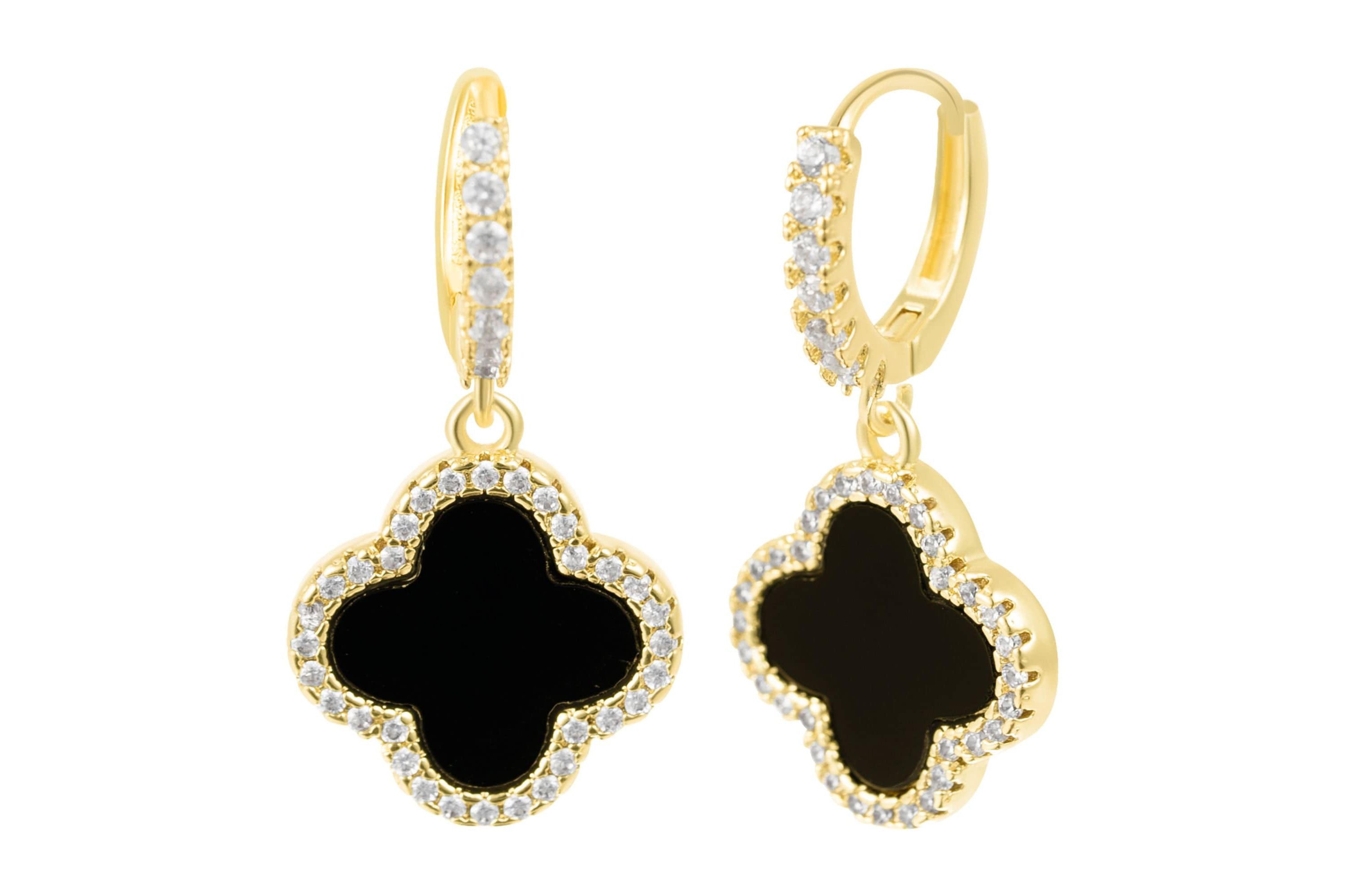 14k Gold Plated Crystal Halo Black Clover Dangle Huggie Earrings