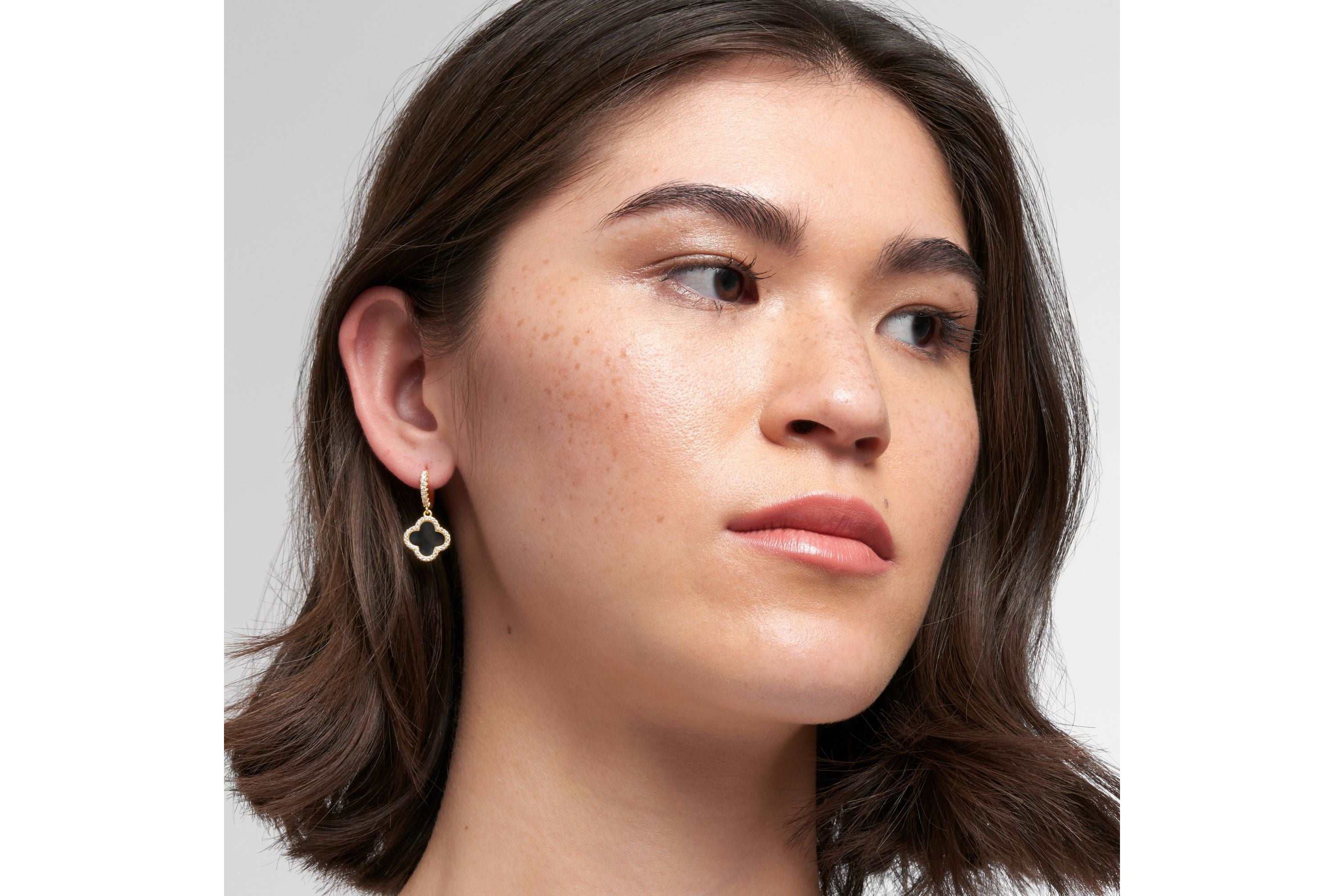 14k Gold Plated Crystal Halo Black Clover Dangle Huggie Earrings