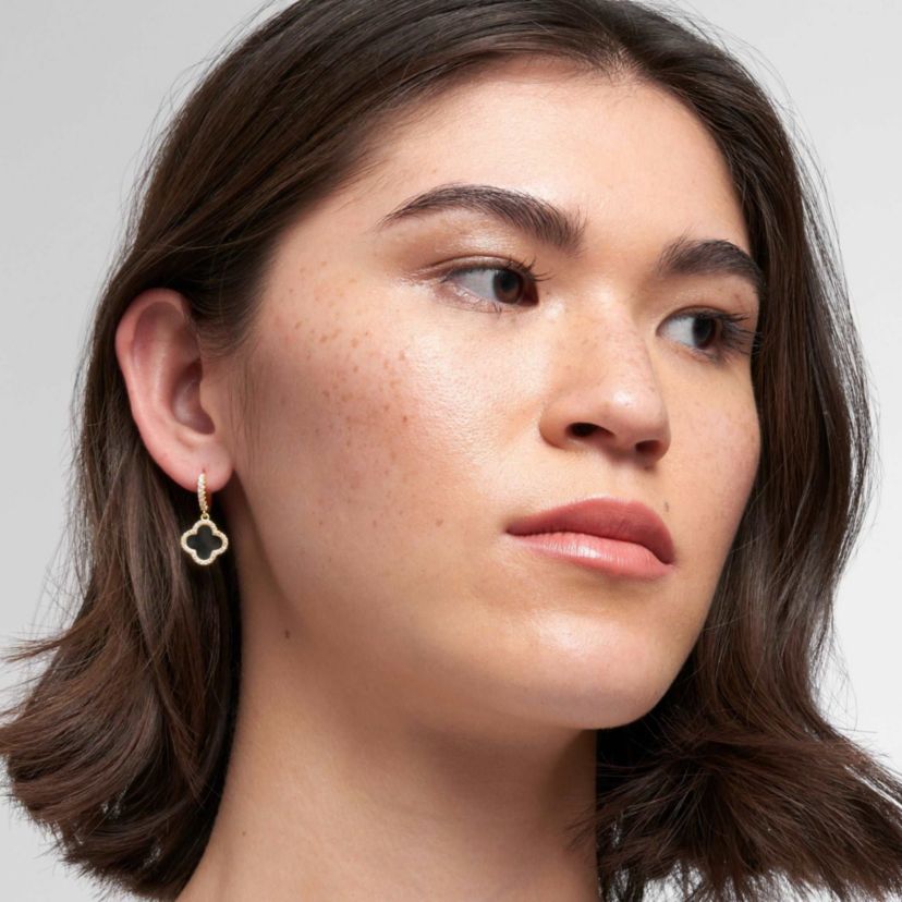 14k Gold Plated Crystal Halo Black Clover Dangle Huggie Earrings
