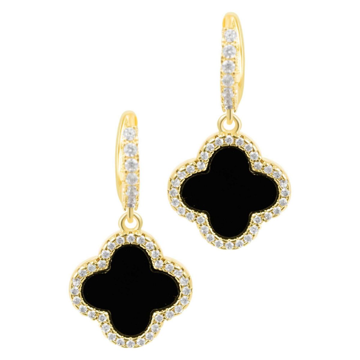 14k Gold Plated Crystal Halo Black Clover Dangle Huggie Earrings