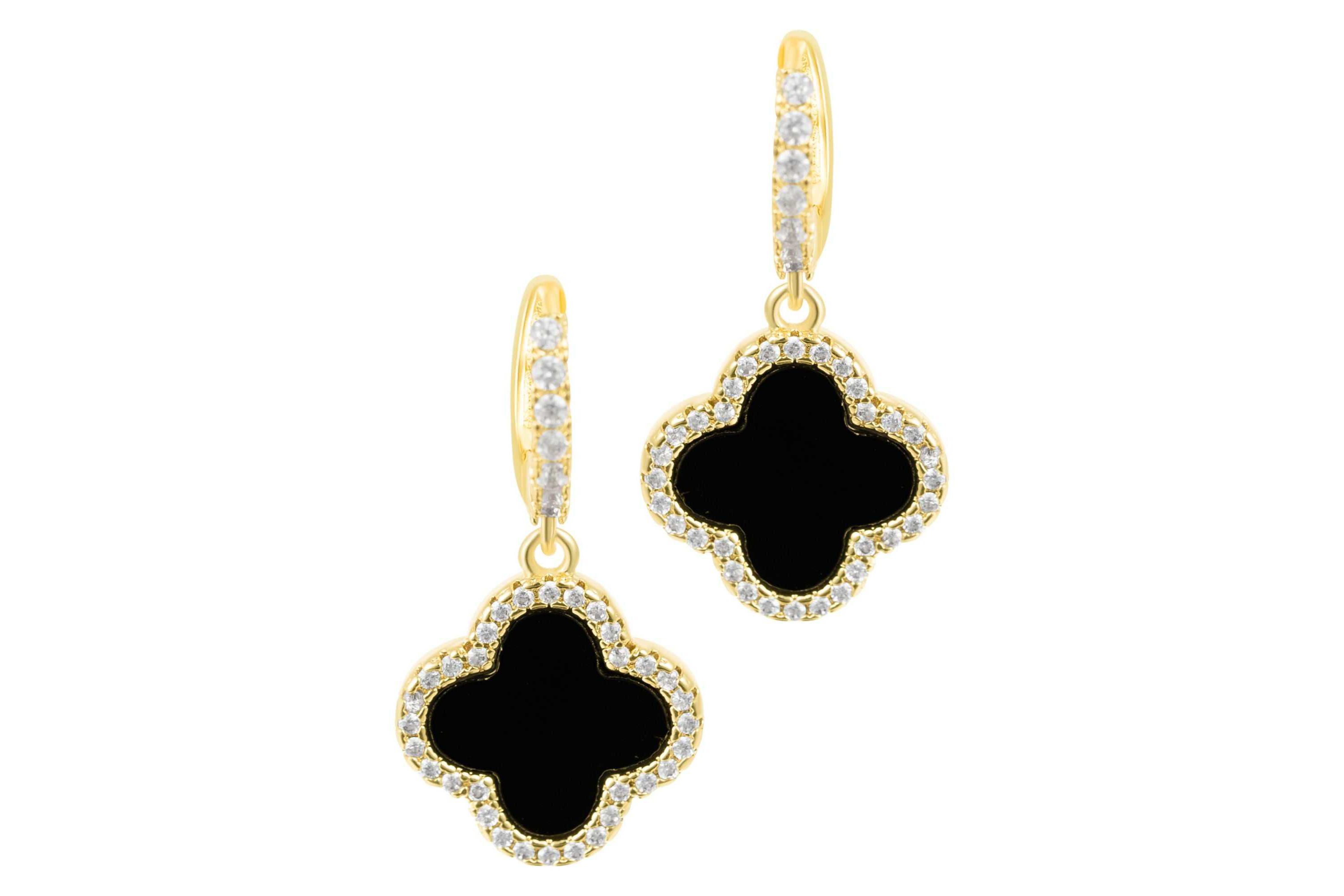 14k Gold Plated Crystal Halo Black Clover Dangle Huggie Earrings