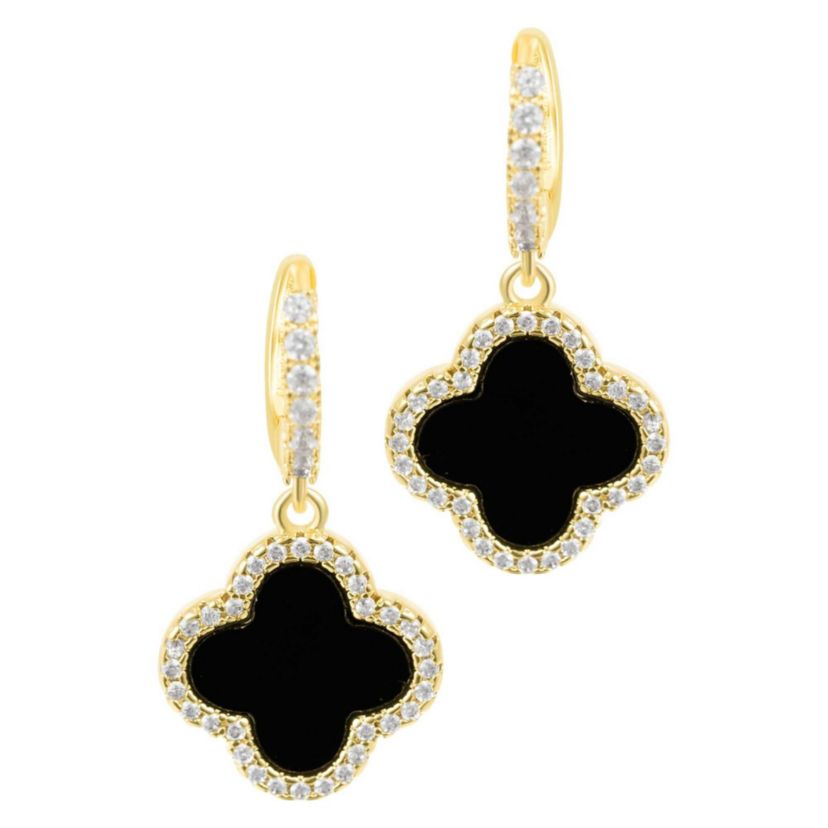 14k Gold Plated Crystal Halo Black Clover Dangle Huggie Earrings