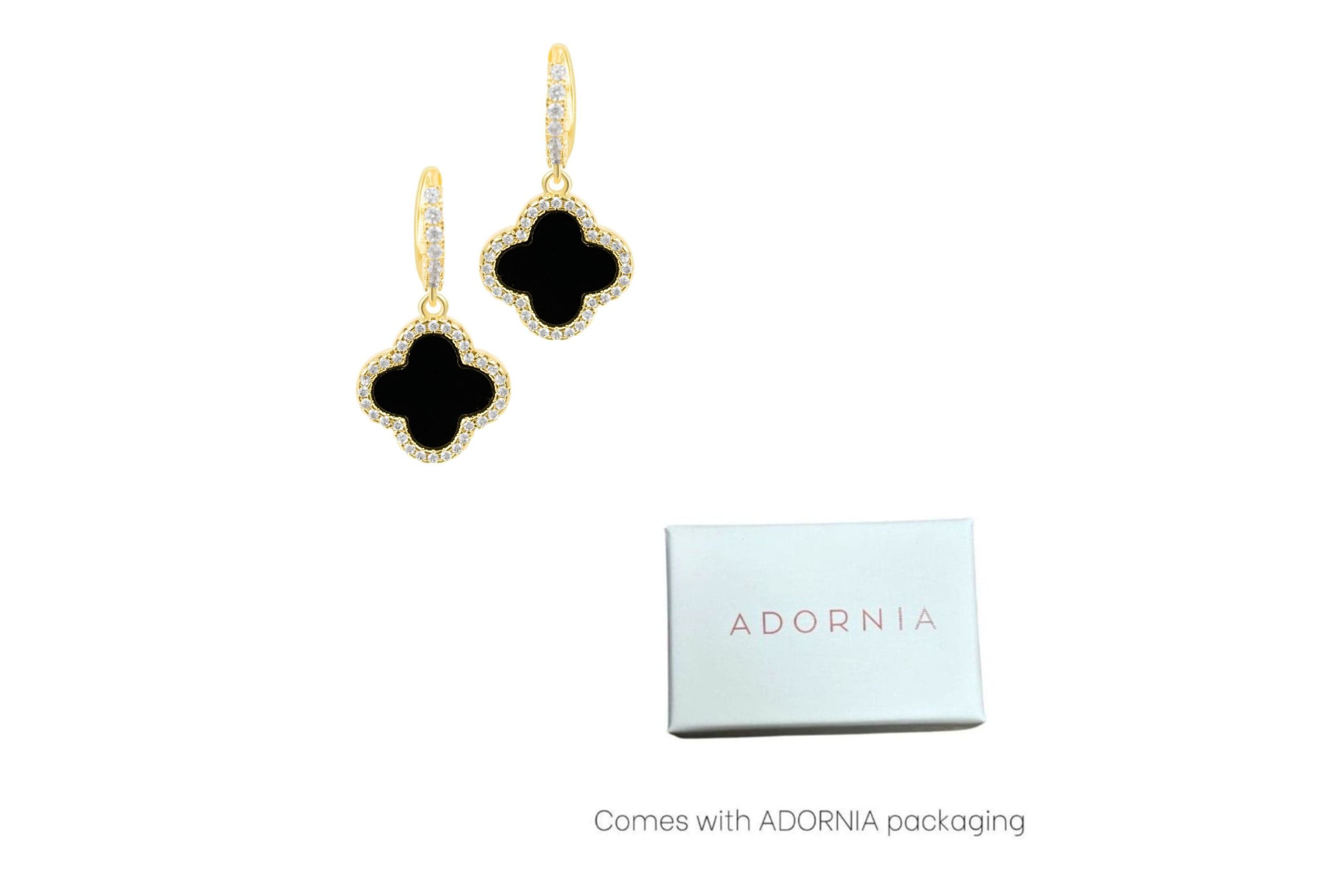 14k Gold Plated Crystal Halo Black Clover Dangle Huggie Earrings