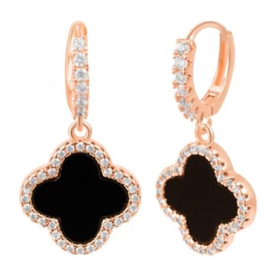 Adornia 14k Rose Gold Plated Crystal Halo Black Clover Dangle Huggie Earrings