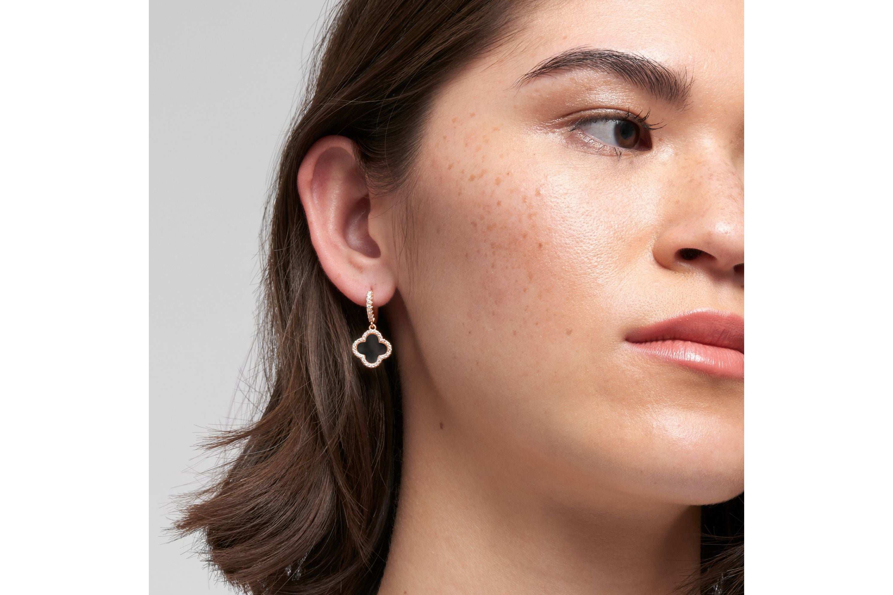 14k Rose Gold Plated Crystal Halo Black Clover Dangle Huggie Earrings