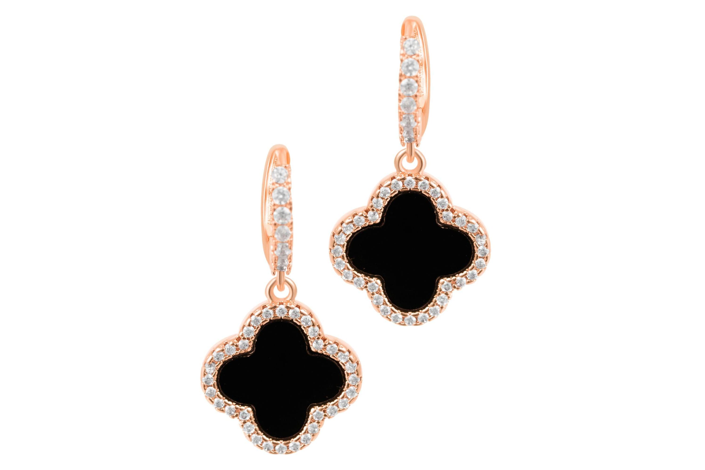 14k Rose Gold Plated Crystal Halo Black Clover Dangle Huggie Earrings