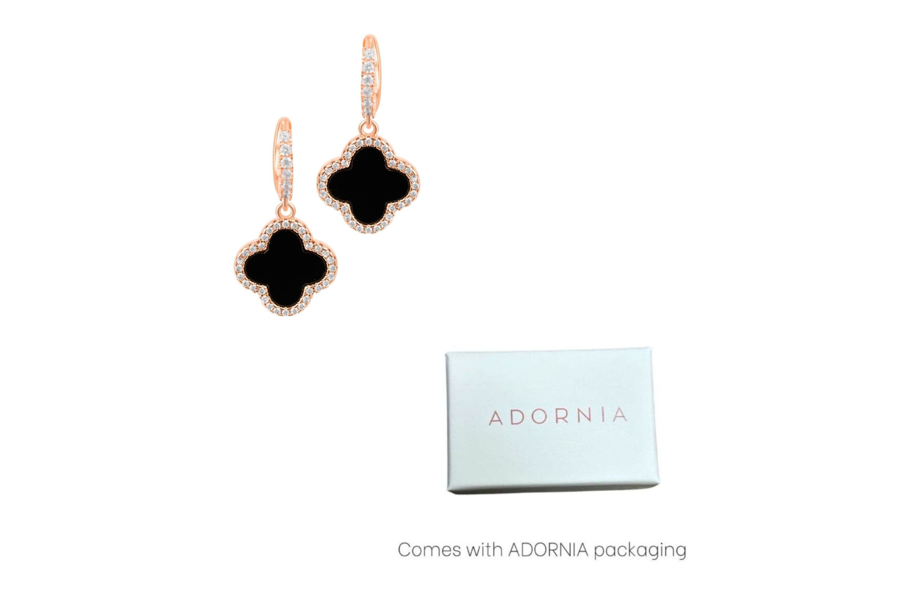 14k Rose Gold Plated Crystal Halo Black Clover Dangle Huggie Earrings