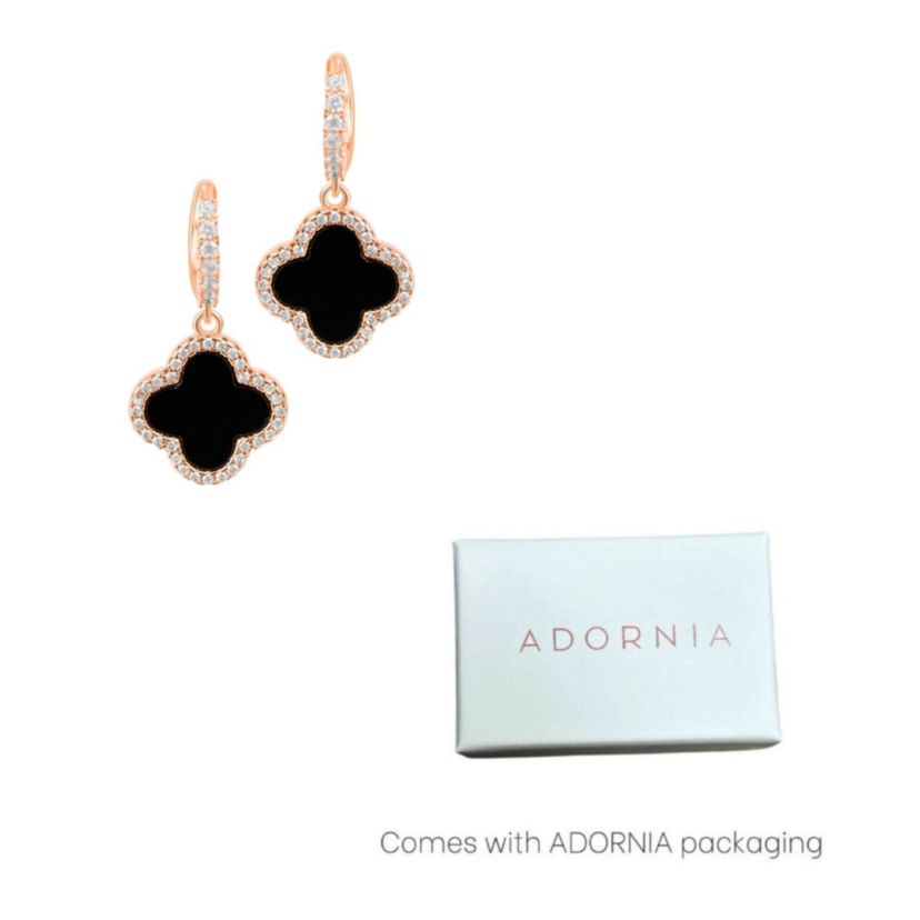 14k Rose Gold Plated Crystal Halo Black Clover Dangle Huggie Earrings
