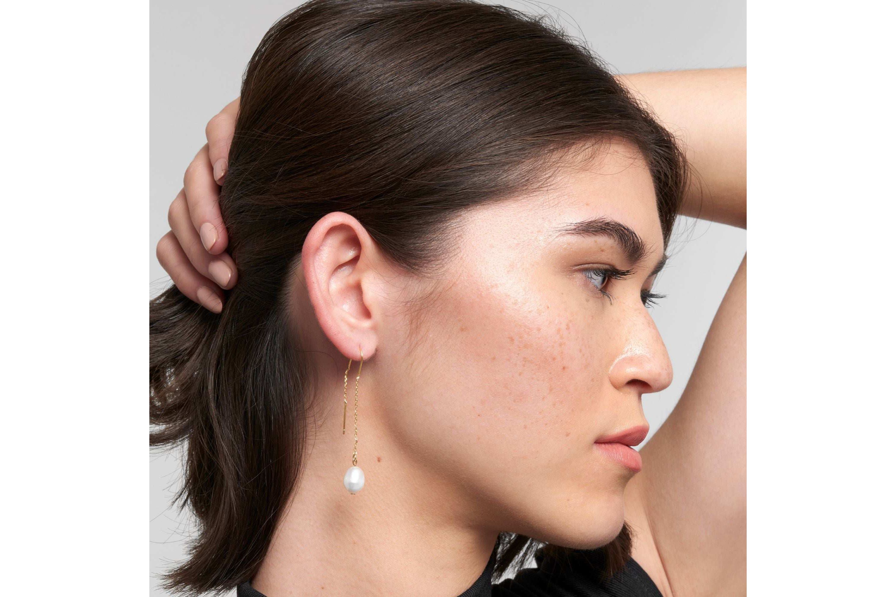14k Gold Plated Threader Earrings with Freshwater Pearl