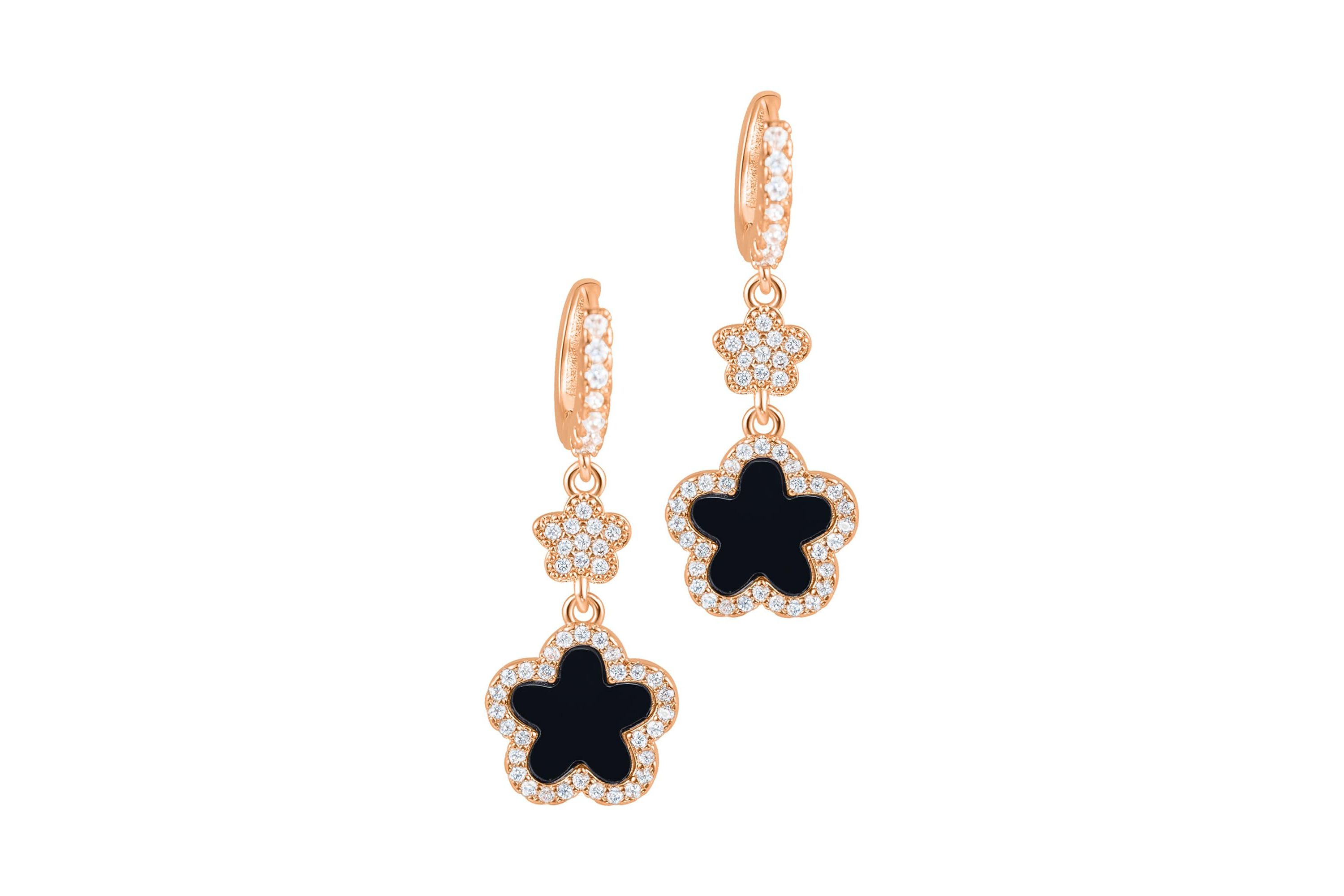 14k Rose Gold Plated Black CZ Clover Earrings