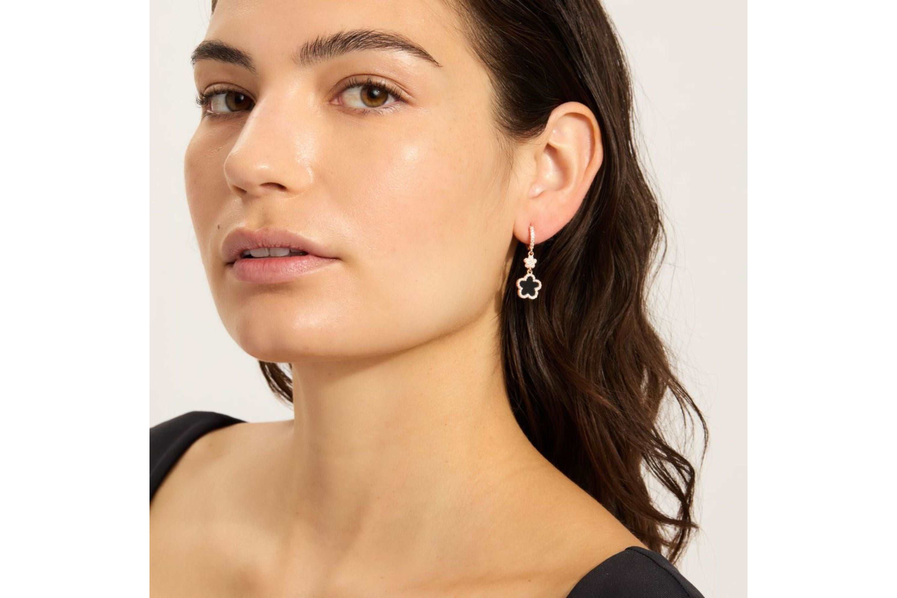 14k Rose Gold Plated Black CZ Clover Earrings