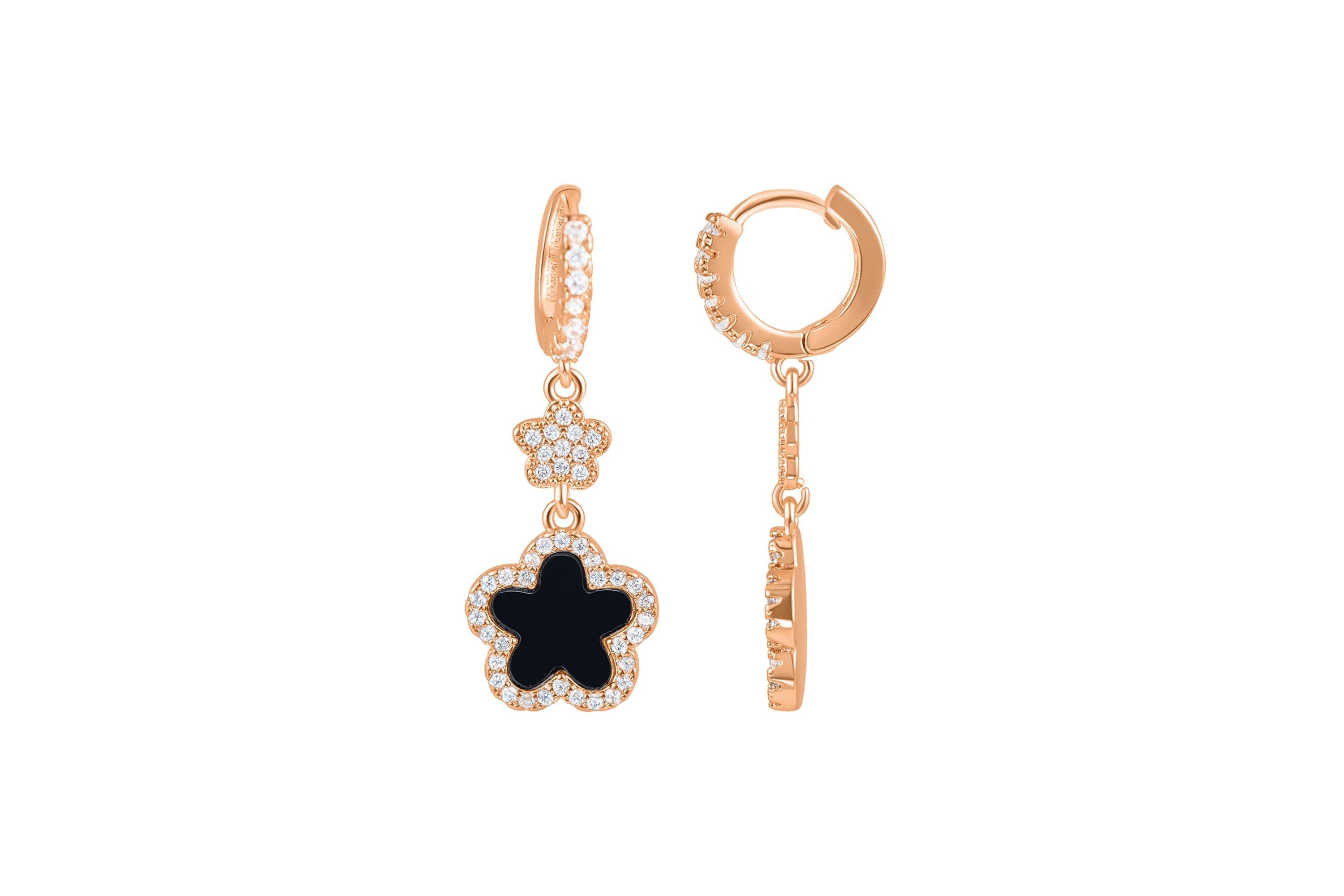 14k Rose Gold Plated Black CZ Clover Earrings