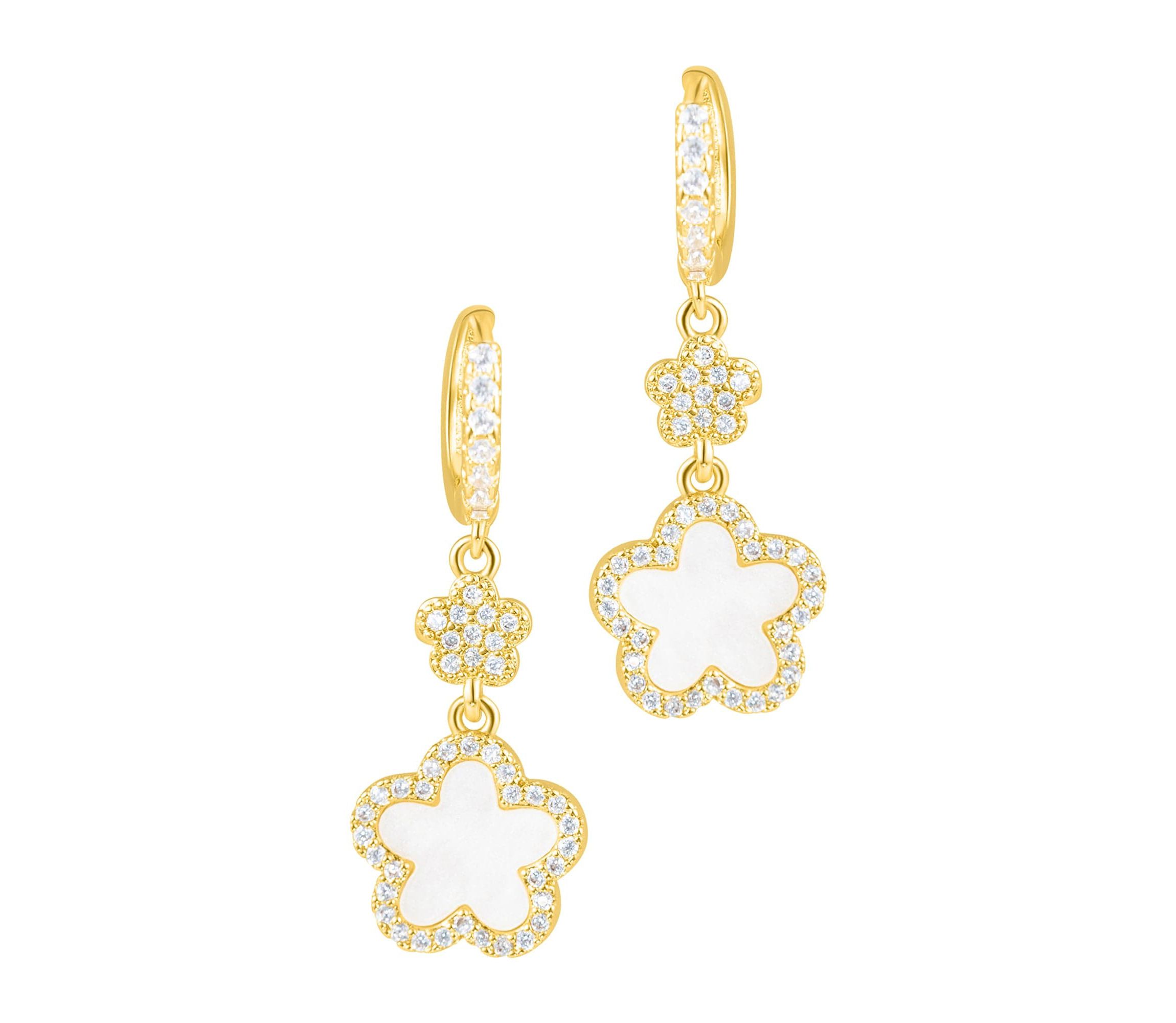 14k Yellow Gold Plated White CZ Clover Earrings