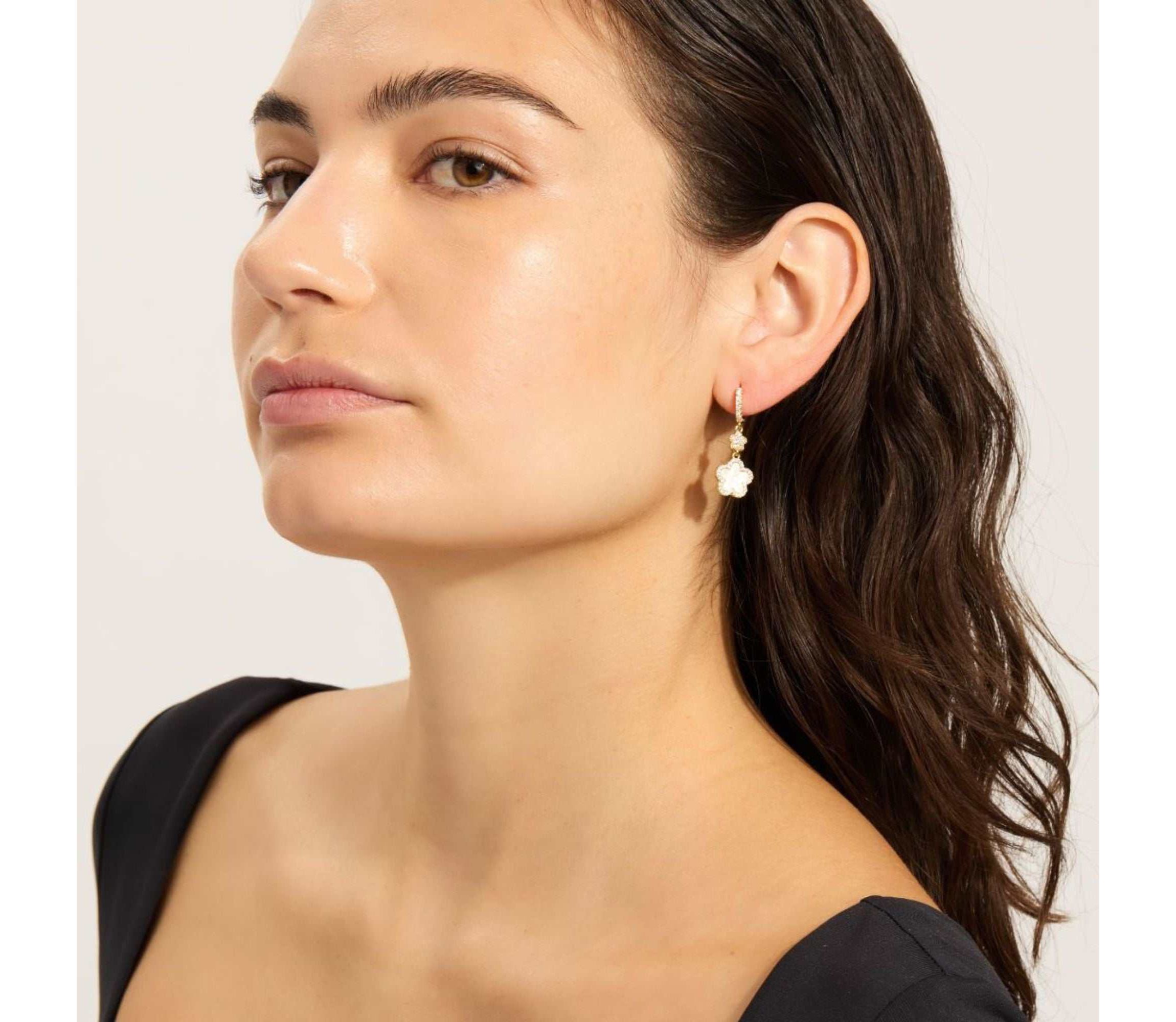 14k Yellow Gold Plated White CZ Clover Earrings