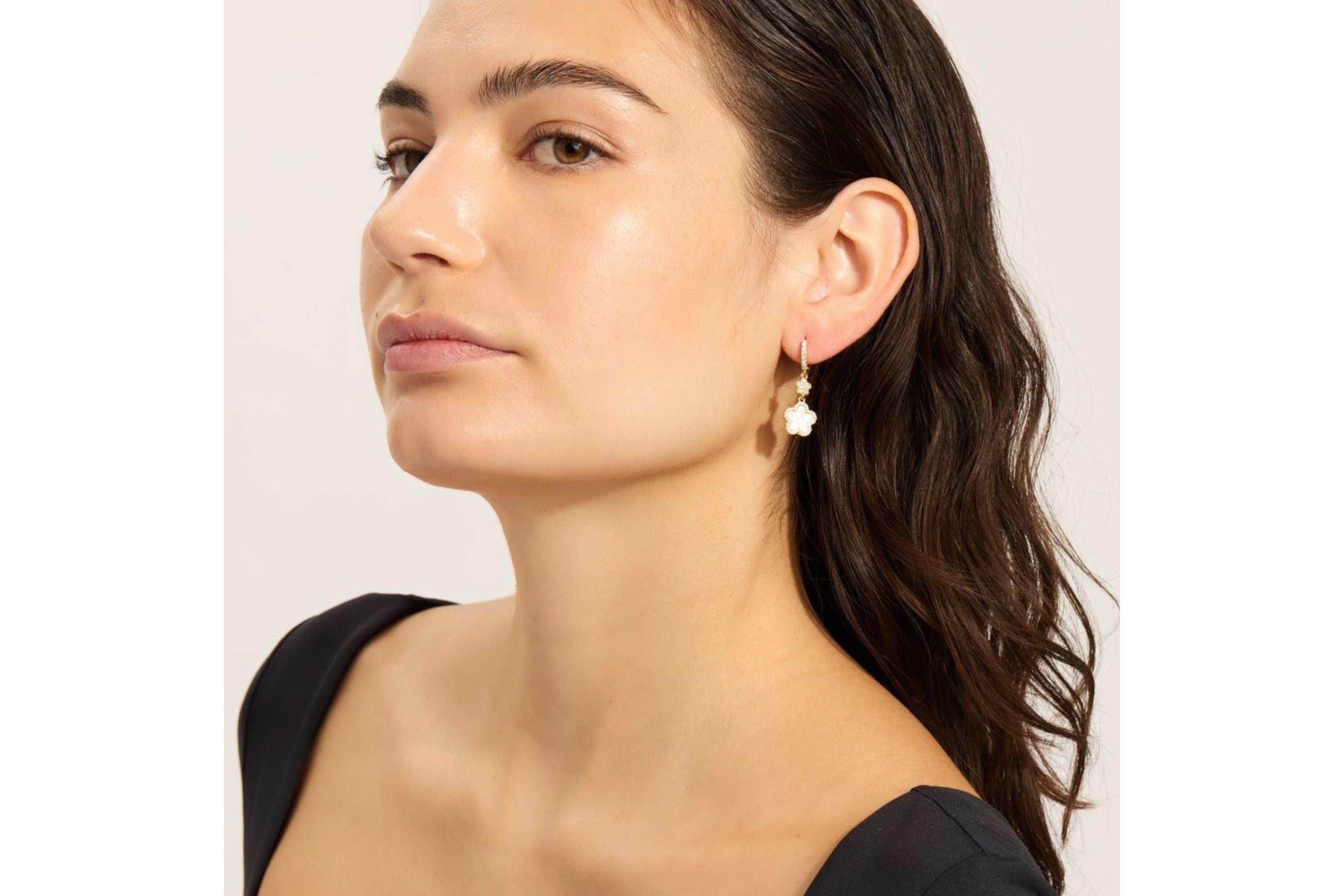 14k Yellow Gold Plated White CZ Clover Earrings