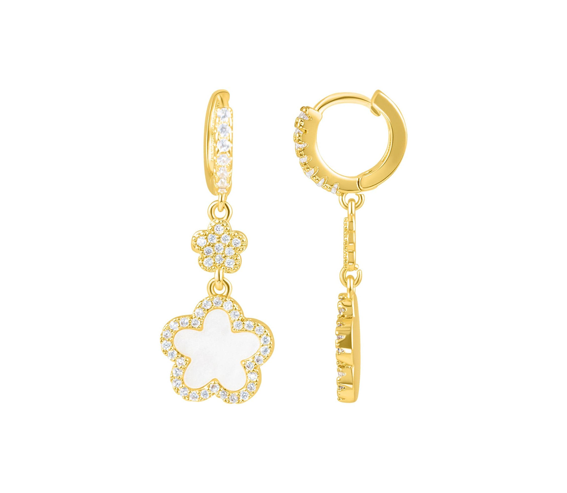 14k Yellow Gold Plated White CZ Clover Earrings