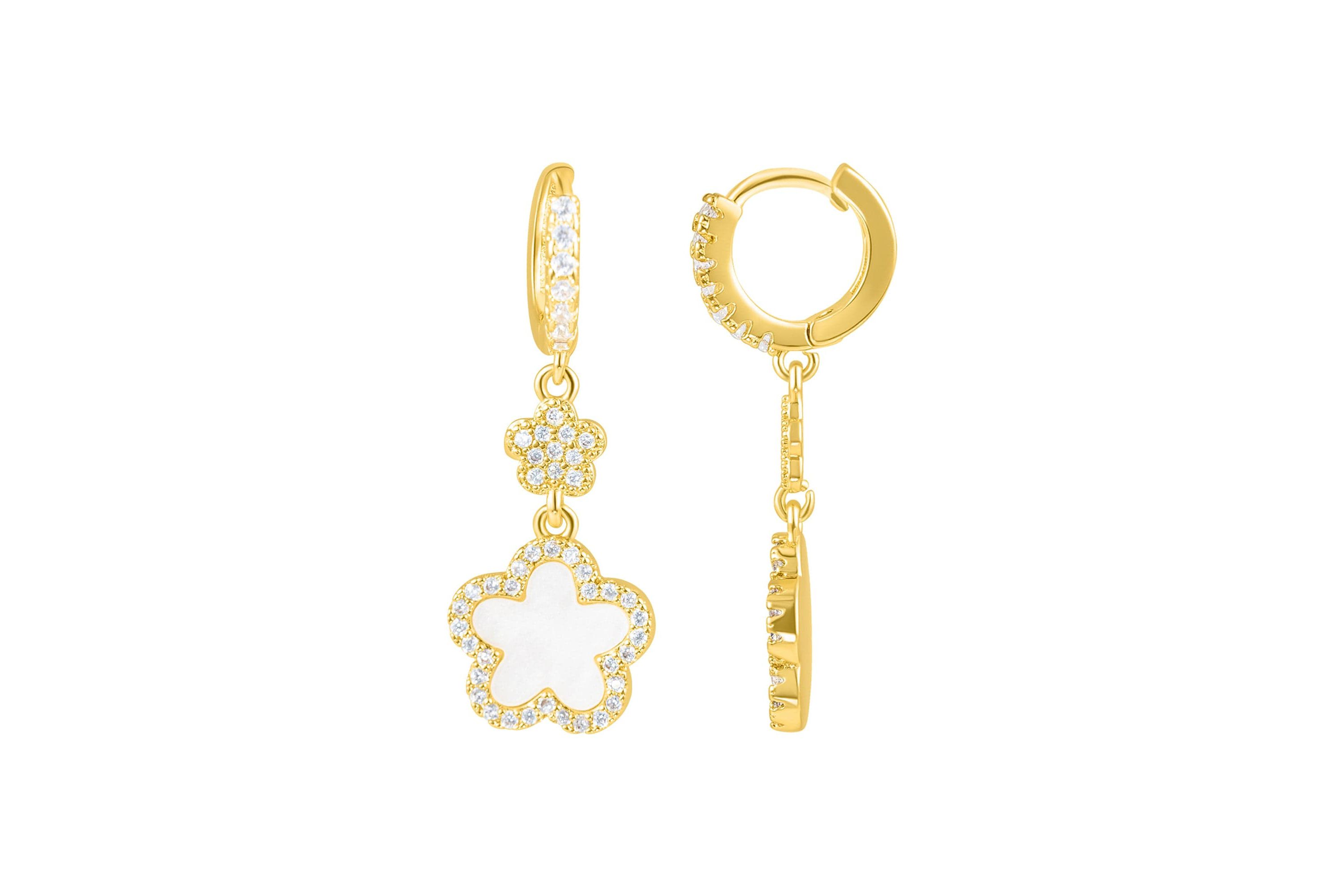 14k Yellow Gold Plated White CZ Clover Earrings