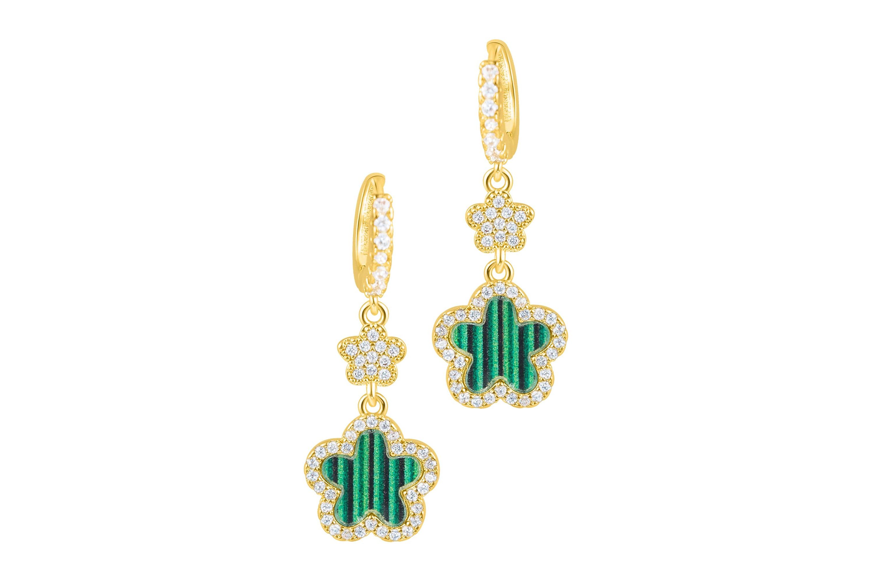 14k Yellow Gold Plated Green CZ Clover Earrings