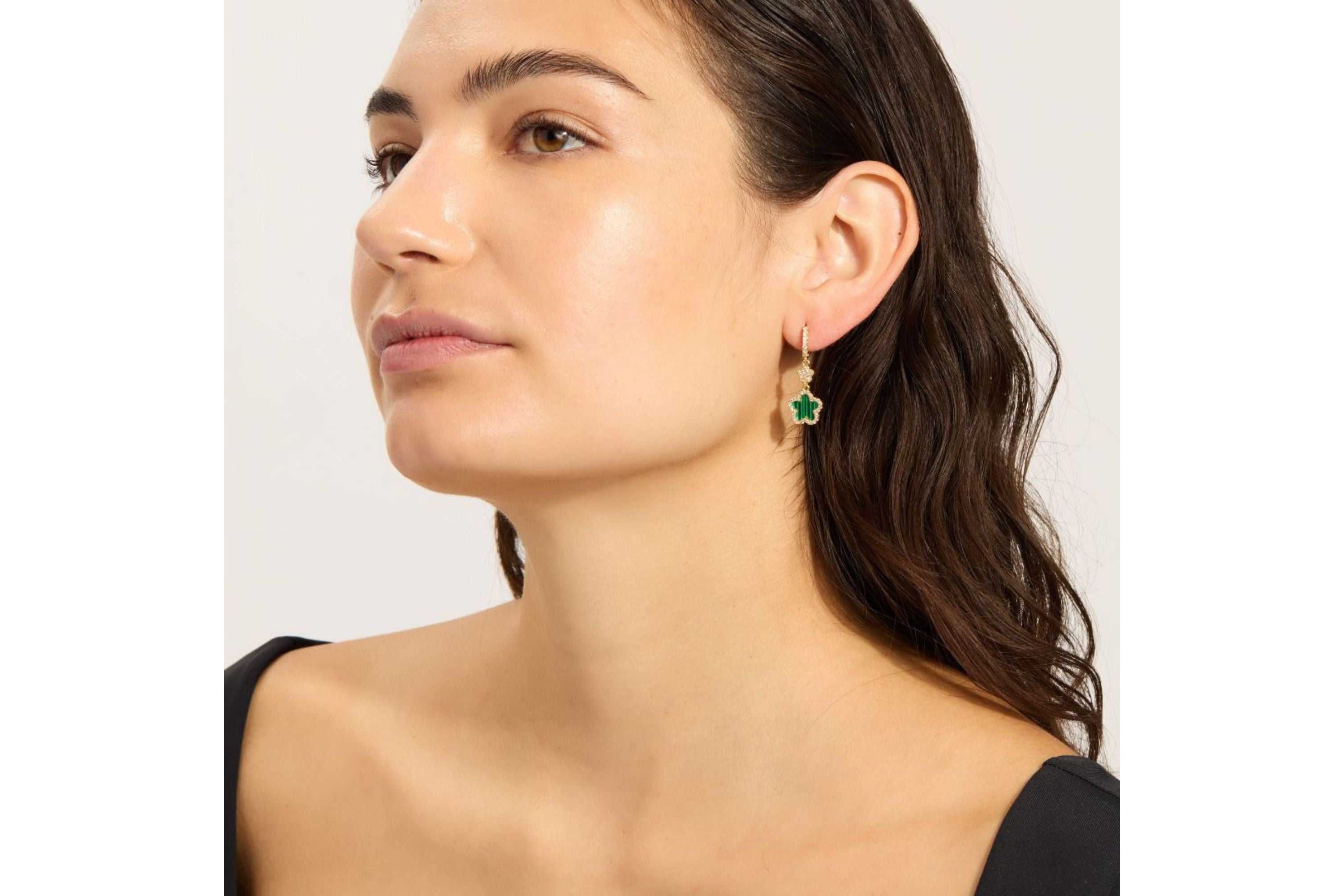 14k Yellow Gold Plated Green CZ Clover Earrings