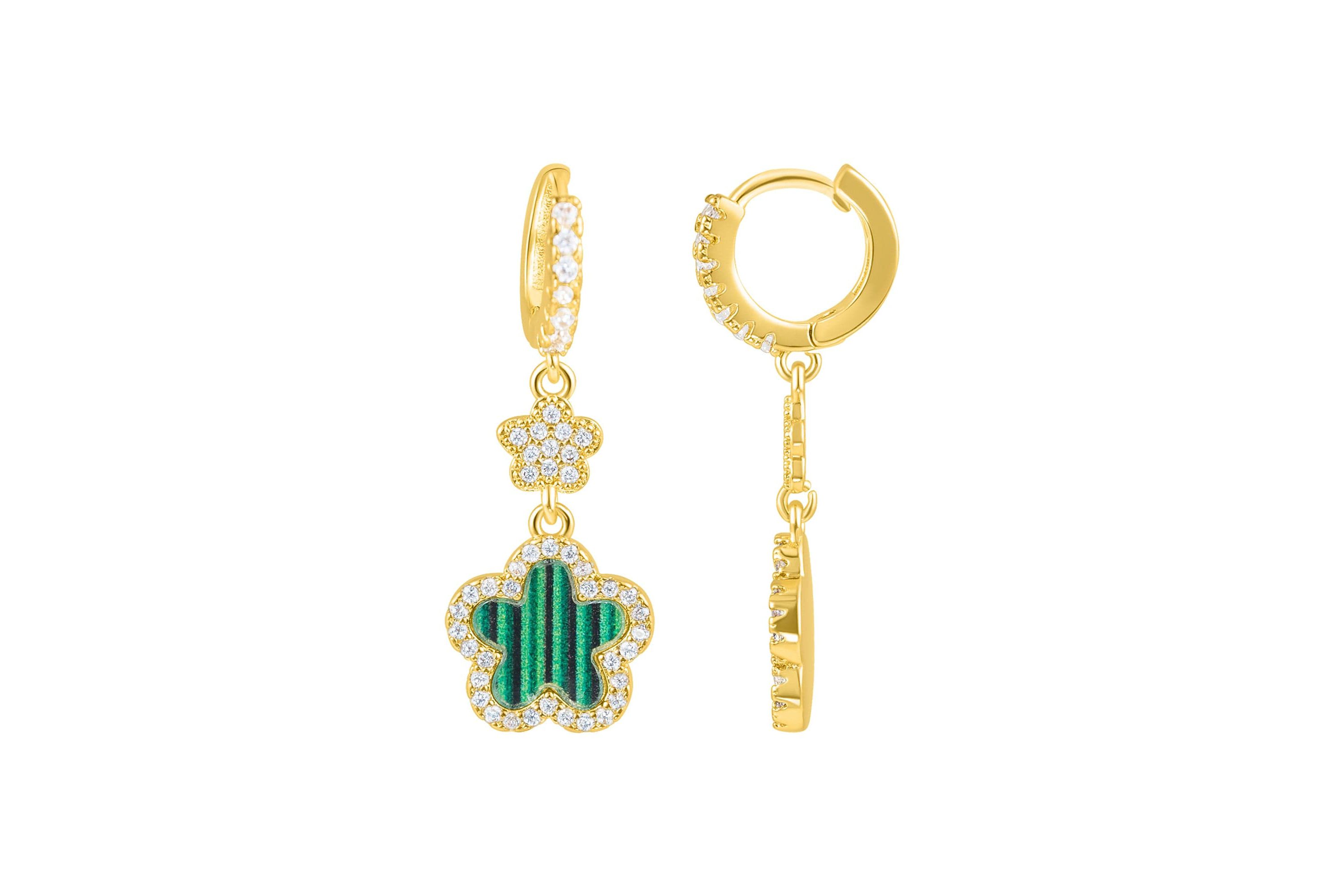 14k Yellow Gold Plated Green CZ Clover Earrings