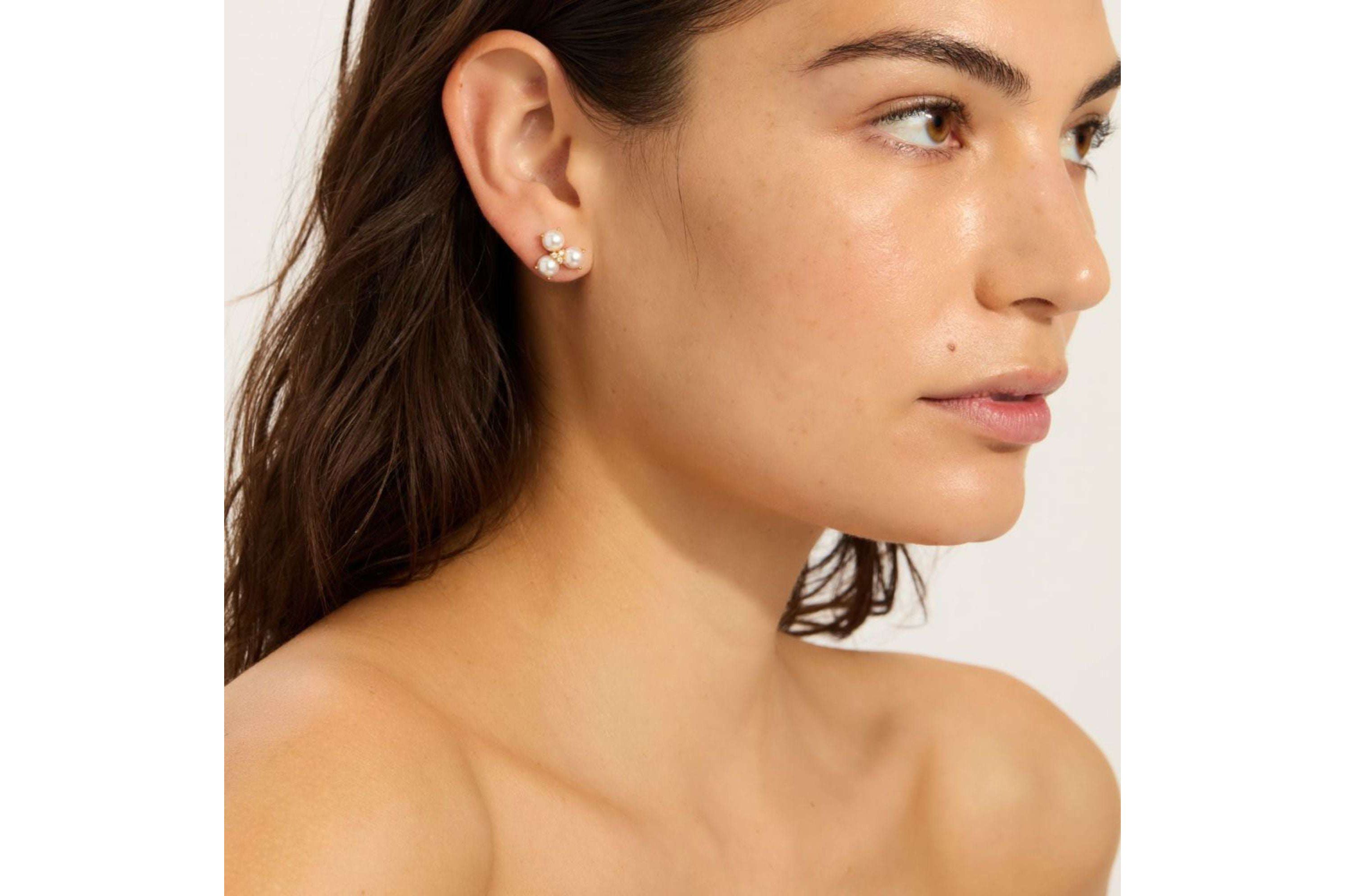 14k Gold Plated 3-Point Freshwater Pearl Flower with CZ Earrings
