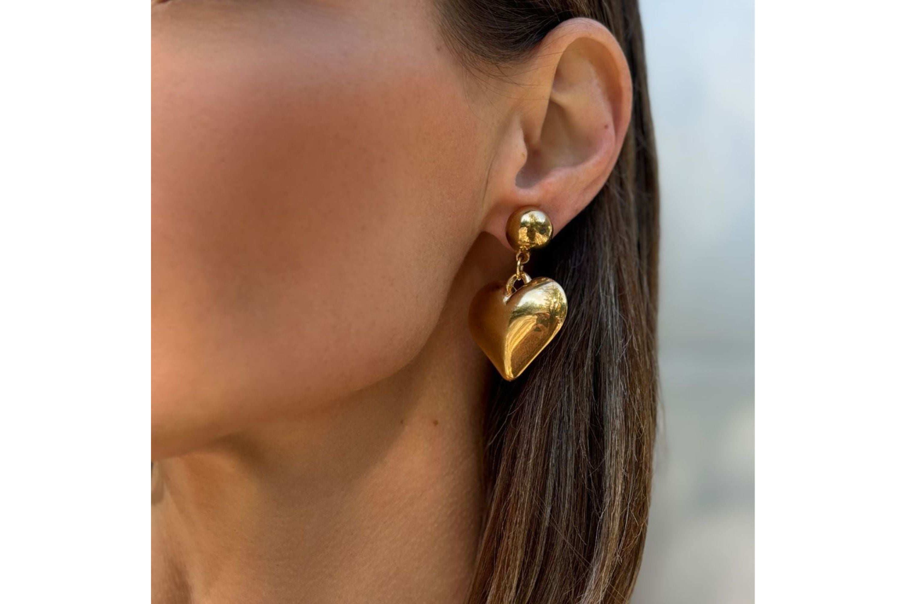 14k Gold Plated Puffy Heart Drop Earrings