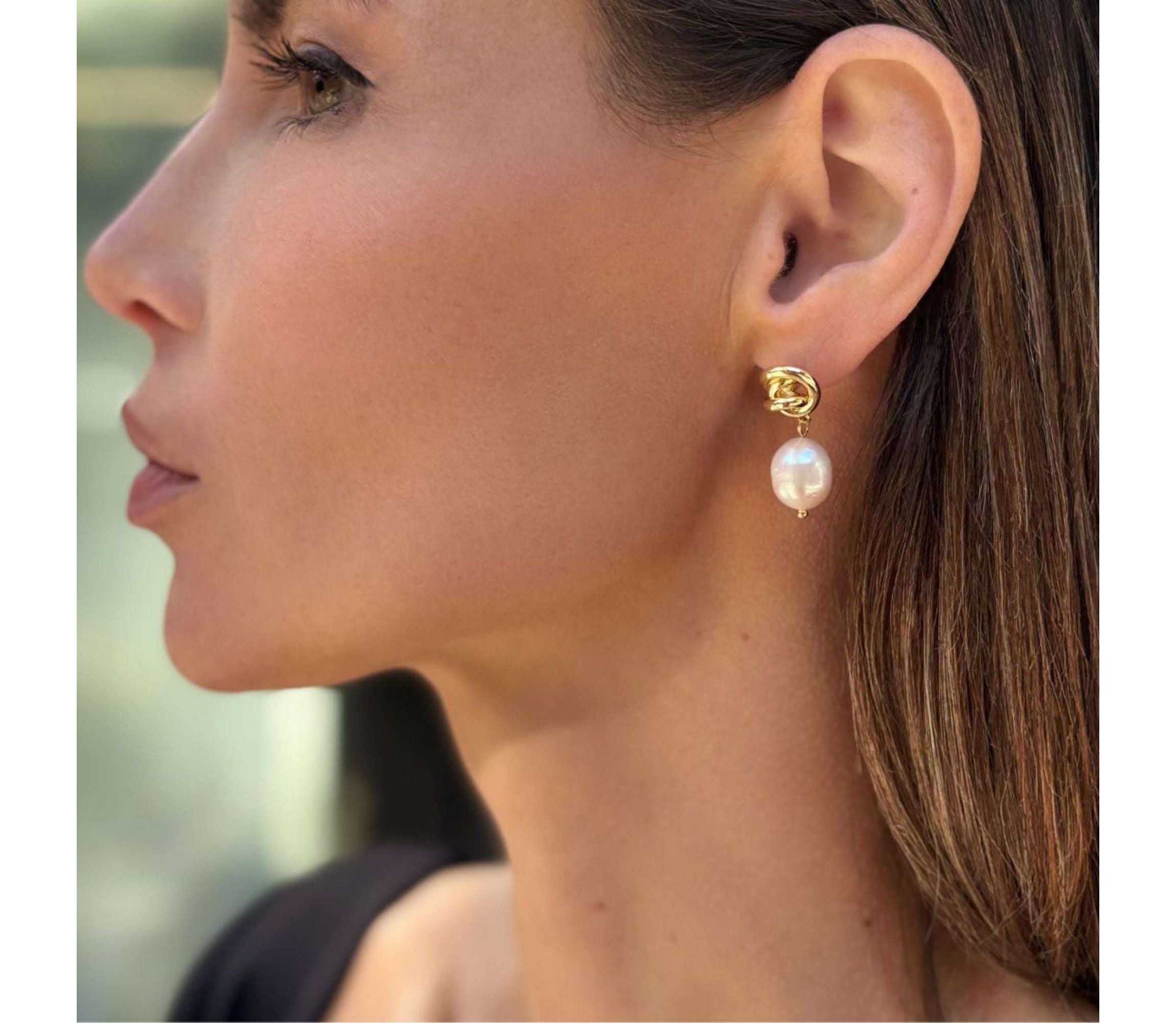 14k Gold Plated Freshwater Pearl Knot Earrings