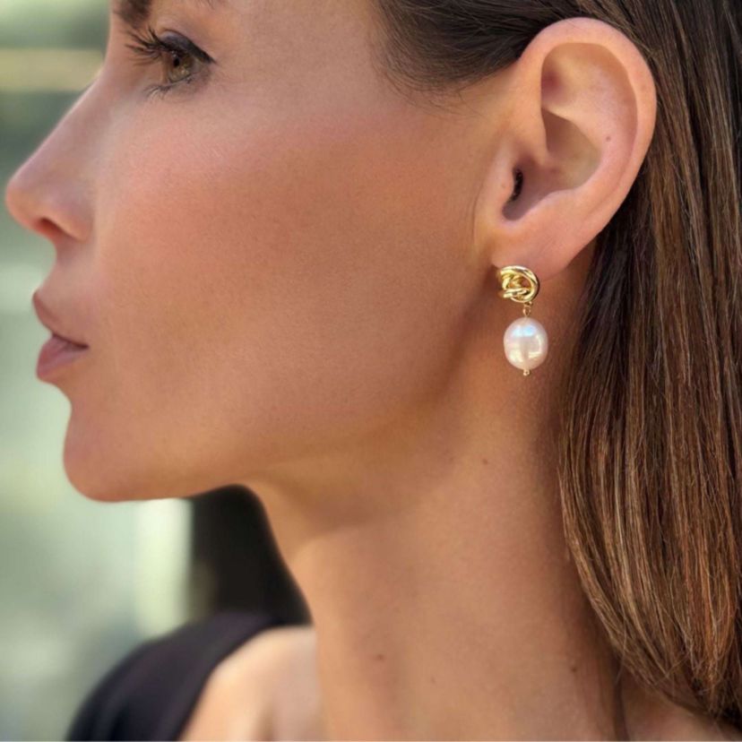14k Gold Plated Freshwater Pearl Knot Earrings