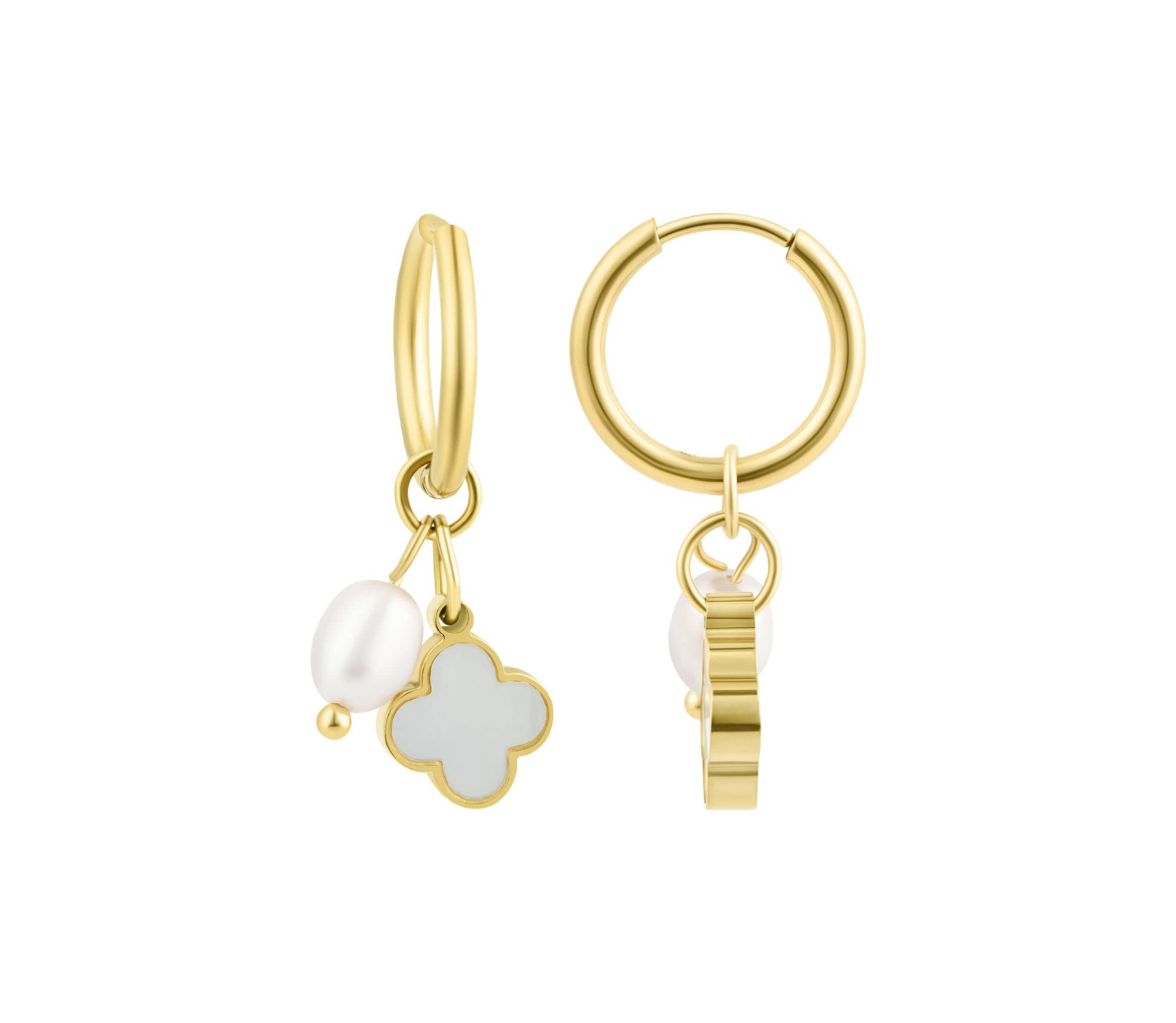 Tarnish Resistant 18k Gold Plated Freshwater Pearl Clover Hoop Earrings