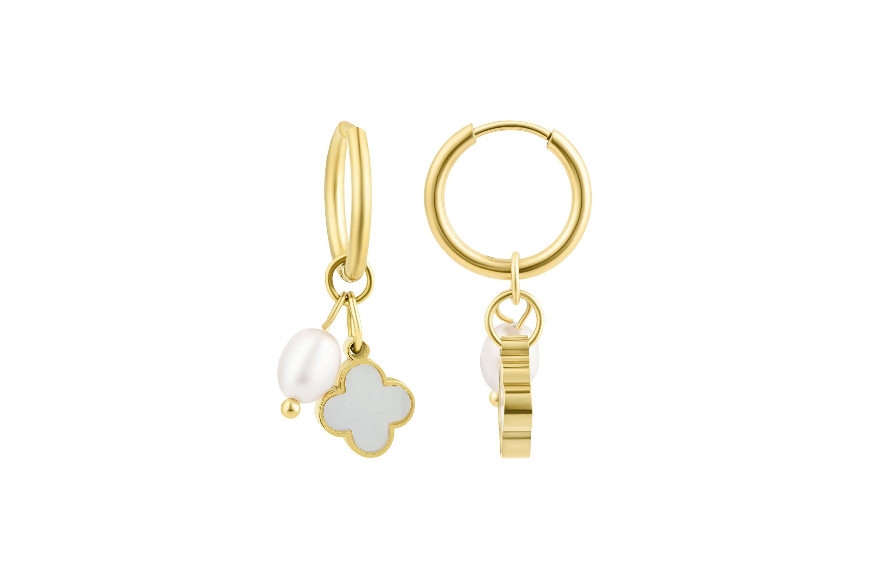 Tarnish Resistant 18k Gold Plated Freshwater Pearl Clover Hoop Earrings