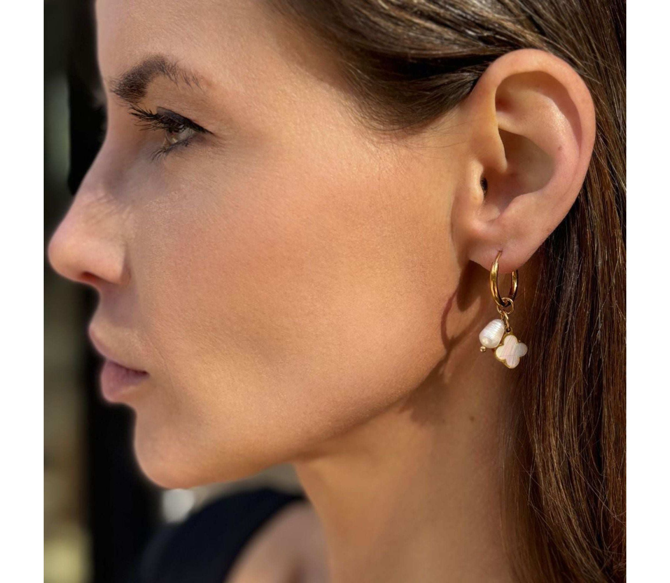 Tarnish Resistant 18k Gold Plated Freshwater Pearl Clover Hoop Earrings