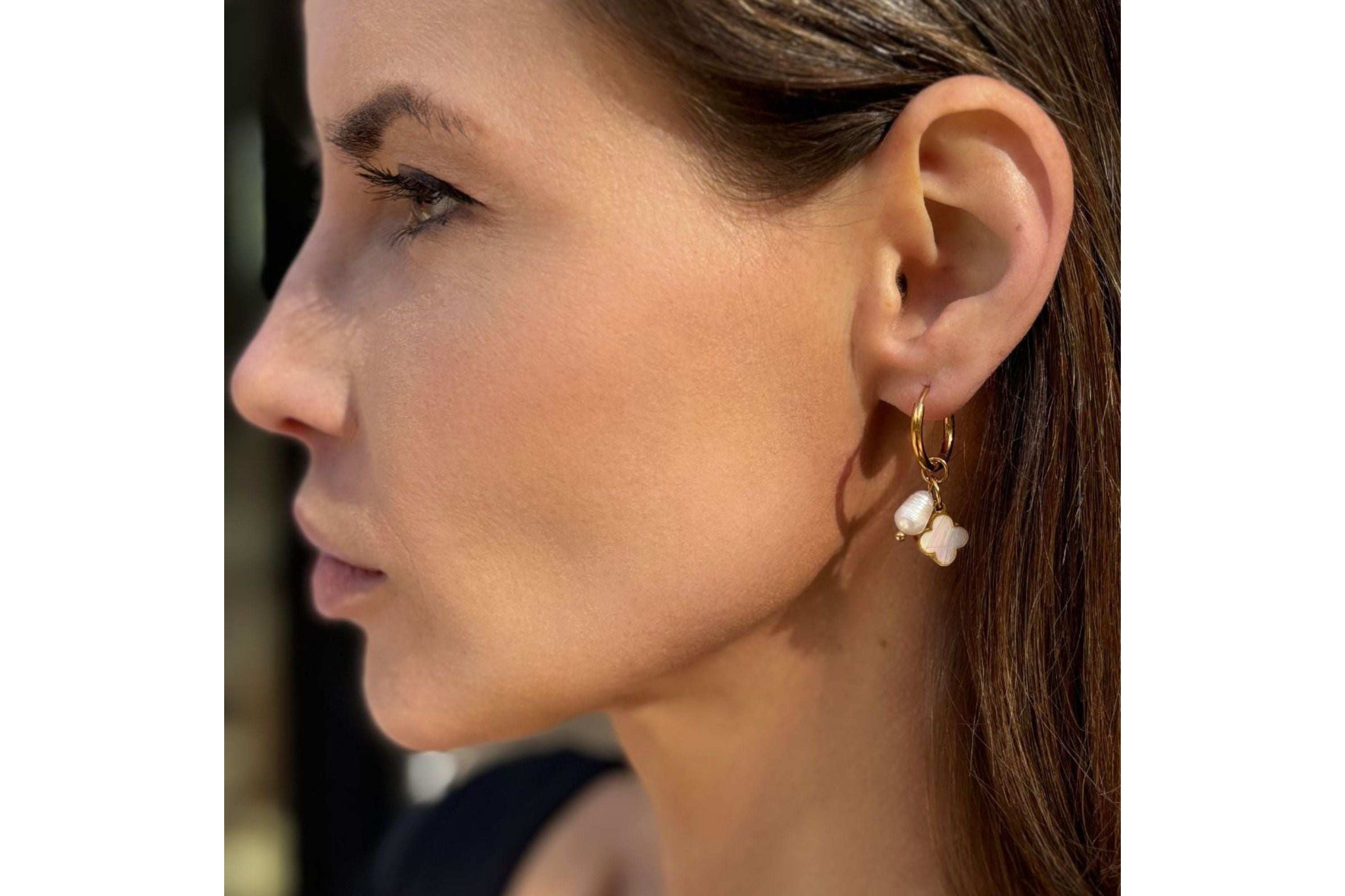 Tarnish Resistant 18k Gold Plated Freshwater Pearl Clover Hoop Earrings