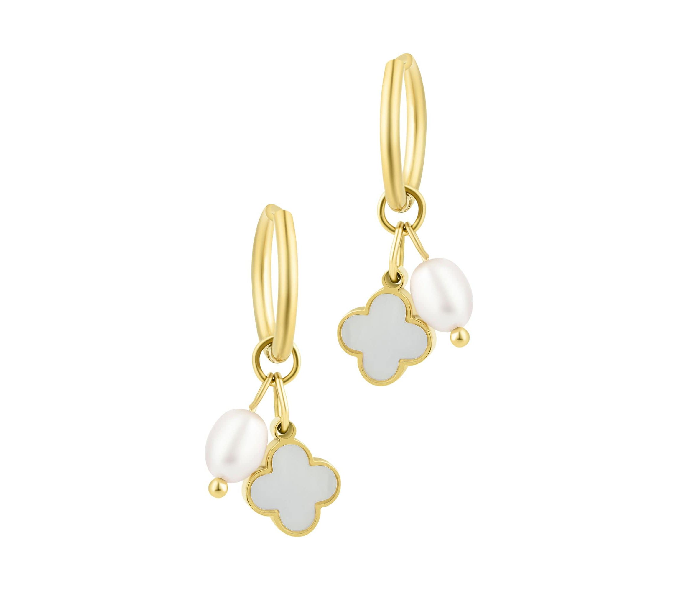 Tarnish Resistant 18k Gold Plated Freshwater Pearl Clover Hoop Earrings