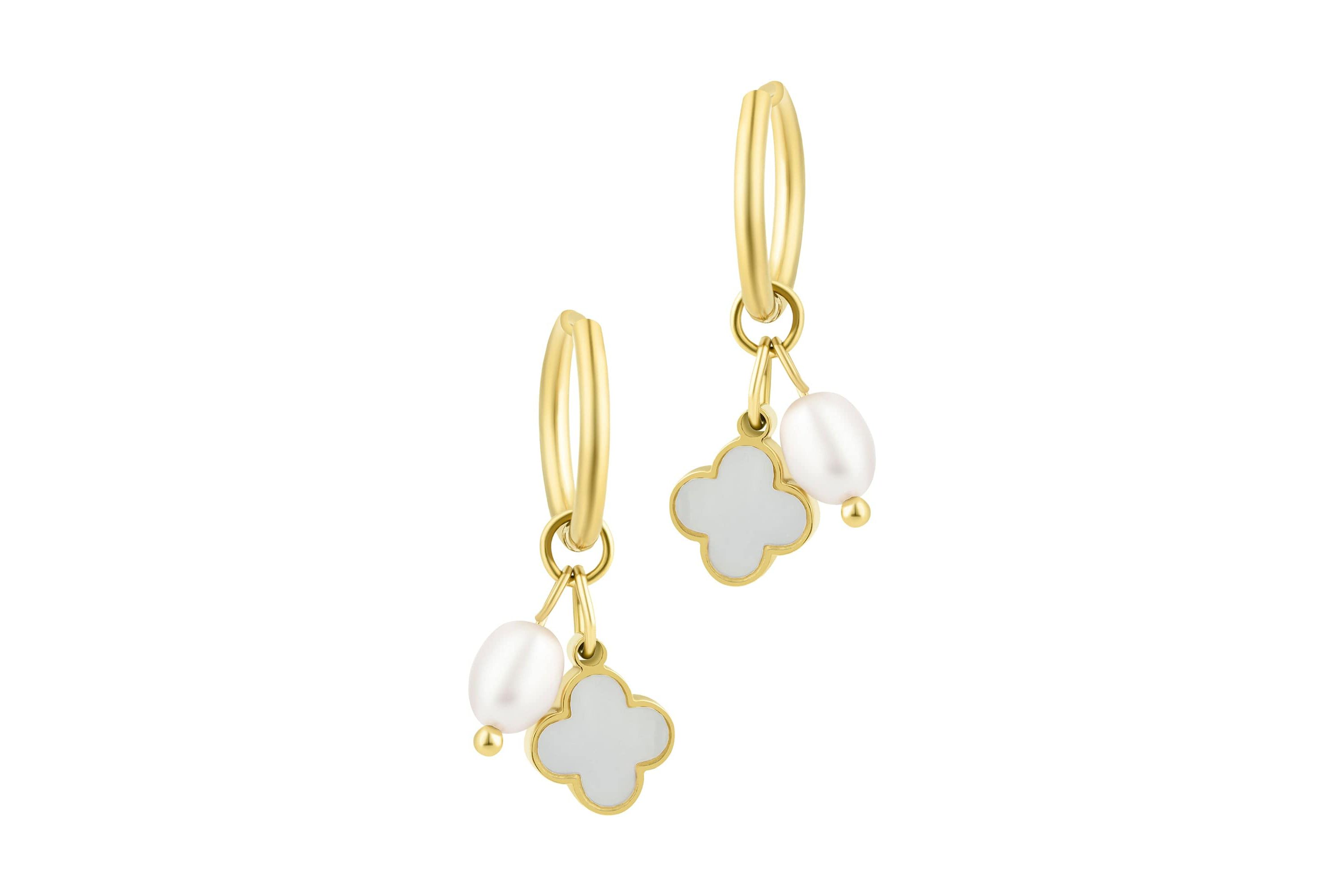 Tarnish Resistant 18k Gold Plated Freshwater Pearl Clover Hoop Earrings