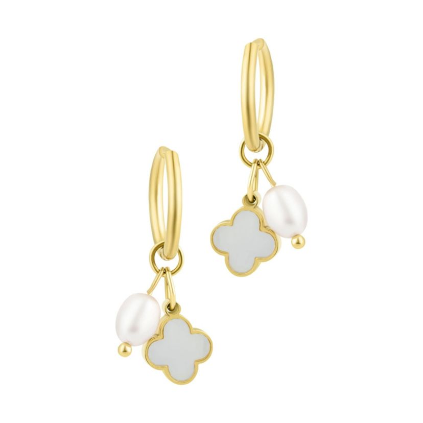 Tarnish Resistant 18k Gold Plated Freshwater Pearl Clover Hoop Earrings