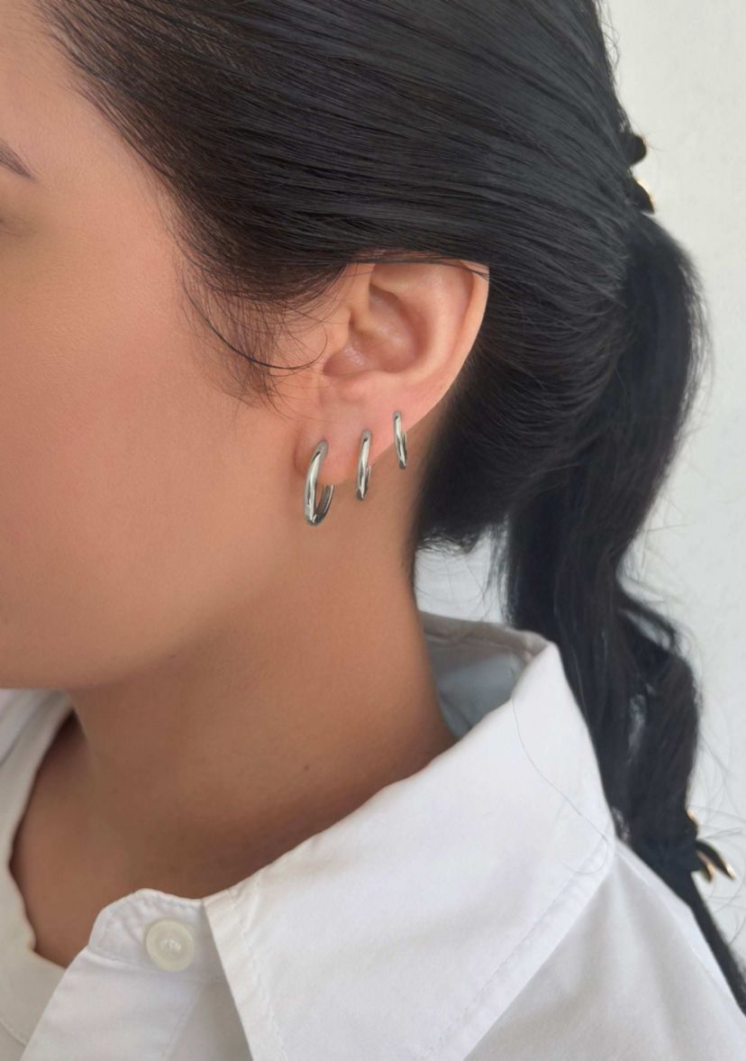 Silver Plated 3-Huggie Hoop Earrings Set