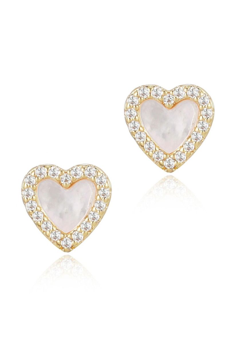 14k Gold Plated Mother of Pearl Mini Halo CZ Heart Studs