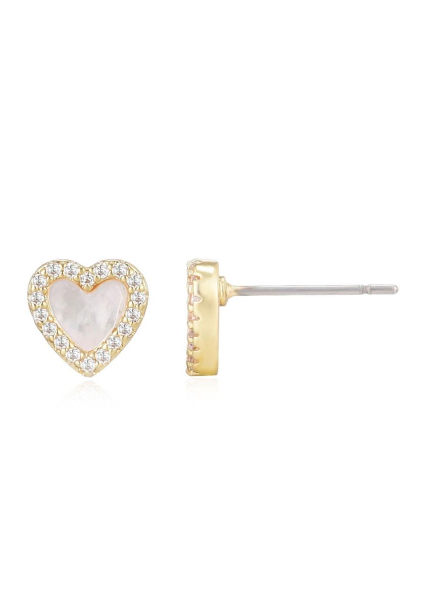 14k Gold Plated Mother of Pearl Mini Halo CZ Heart Studs
