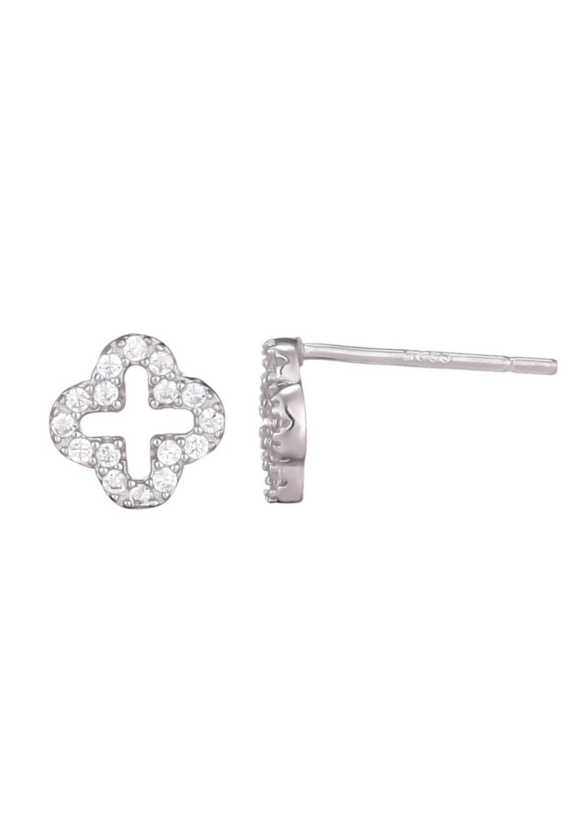.925 Sterling Silver Mini Clover CZ Outline Studs