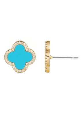 Adornia 14k Gold Plated Turquoise Halo CZ Clover Stud Earrings