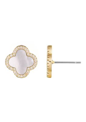Adornia 14k Gold Plated Mother of Pearl Halo CZ Clover Stud Earrings