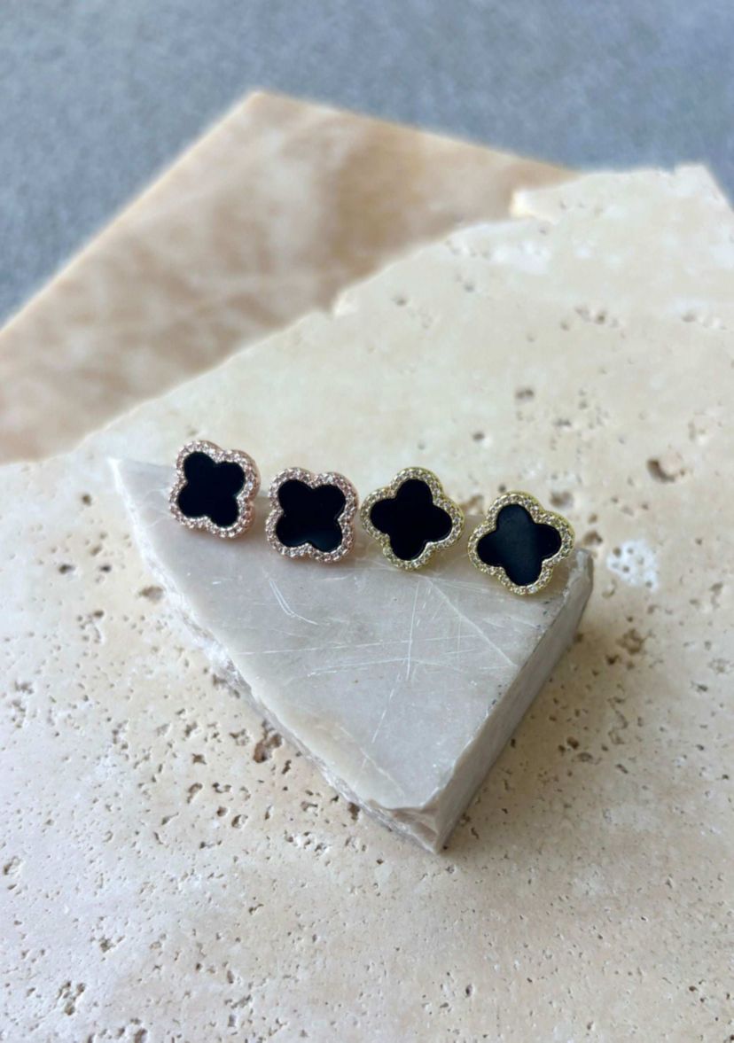 14k Gold Plated Black Halo CZ Clover Stud Earrings