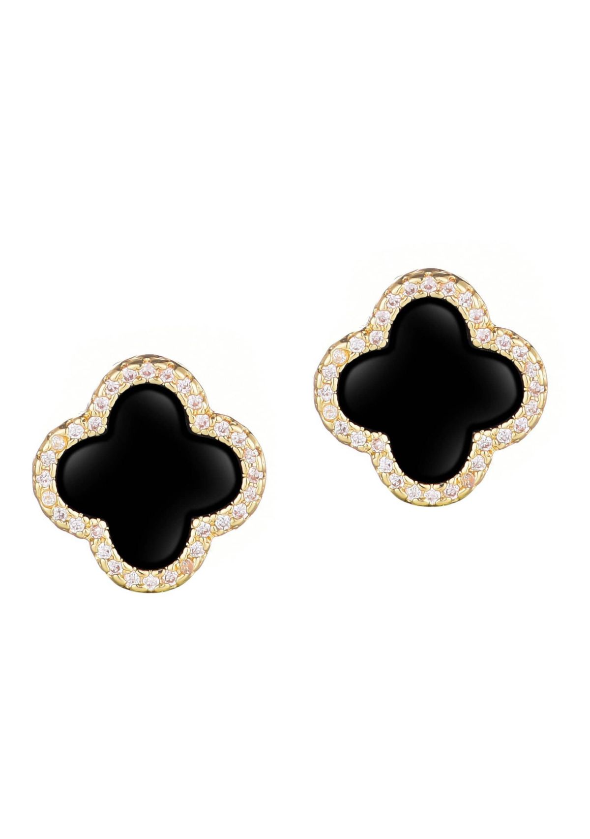 14k Gold Plated Black Halo CZ Clover Stud Earrings